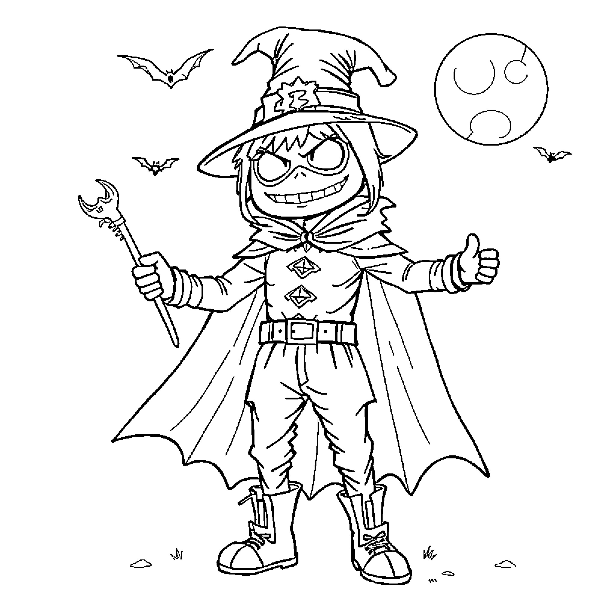 Superthing Witch Celebrating Halloween Merrily Coloring Page (free black-and-white line drawing printable PDF for all, from beginners to advanced learners, including children, teens, adults, and seniors)