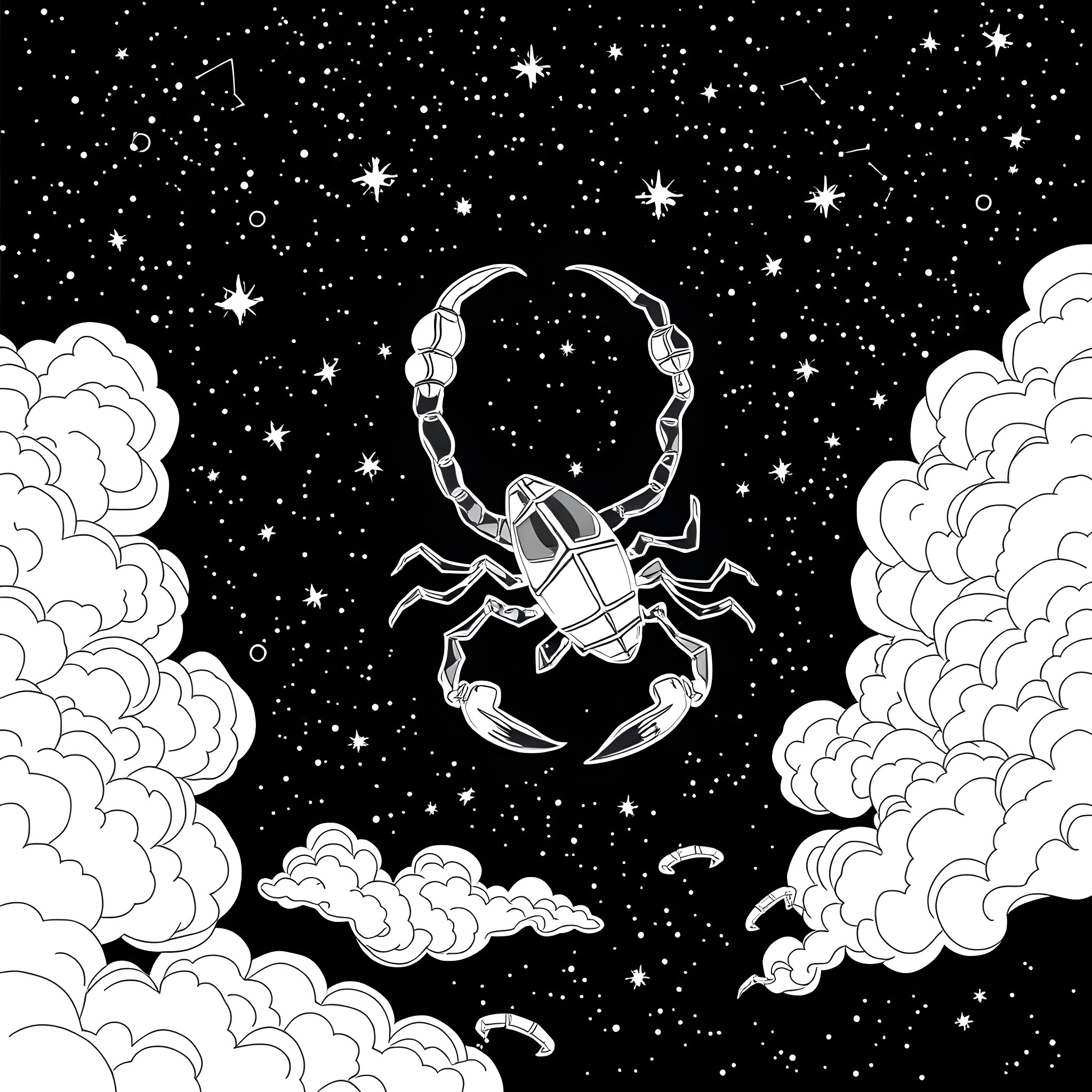 Scorpio in the Cosmic Constellation Coloring Page (free black-and-white line drawing printable PDF for all, from beginners to advanced learners, including children, teens, adults, and seniors)