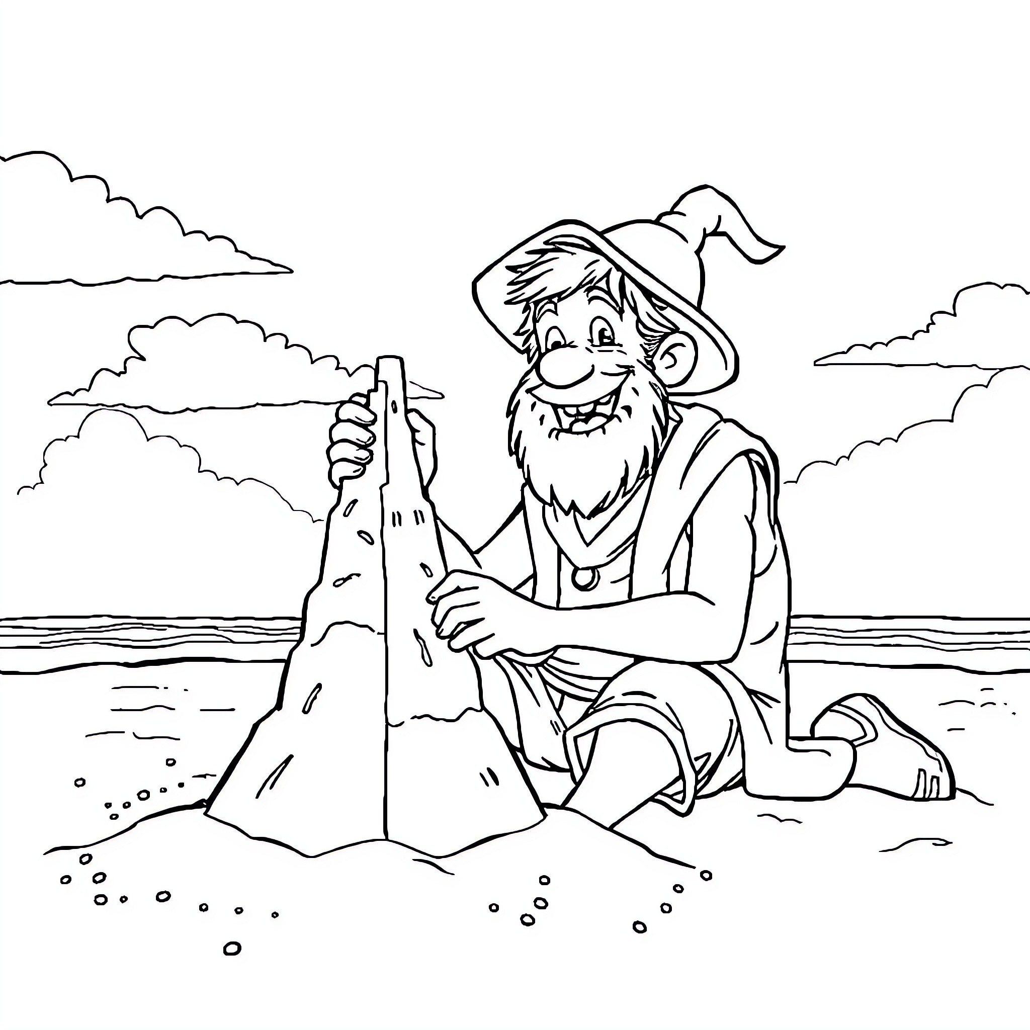 Hobo relaxing by the lakeside with walking stick Coloring Page (free black-and-white line drawing printable PDF for all, from beginners to advanced learners, including children, teens, adults, and seniors)