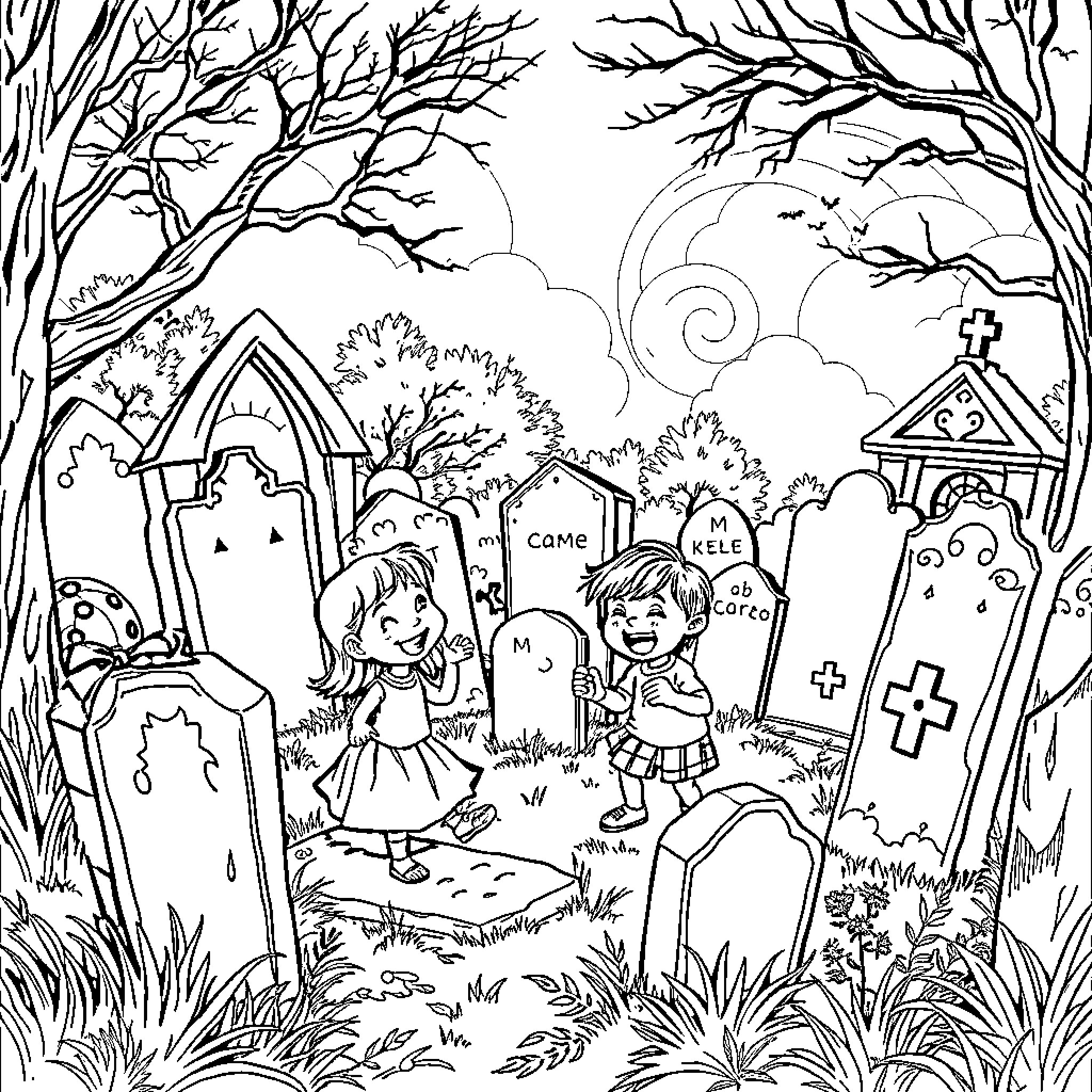 Child visiting graveyard with friend during night Coloring Page (free black-and-white line drawing printable PDF for all, from beginners to advanced learners, including children, teens, adults, and seniors)