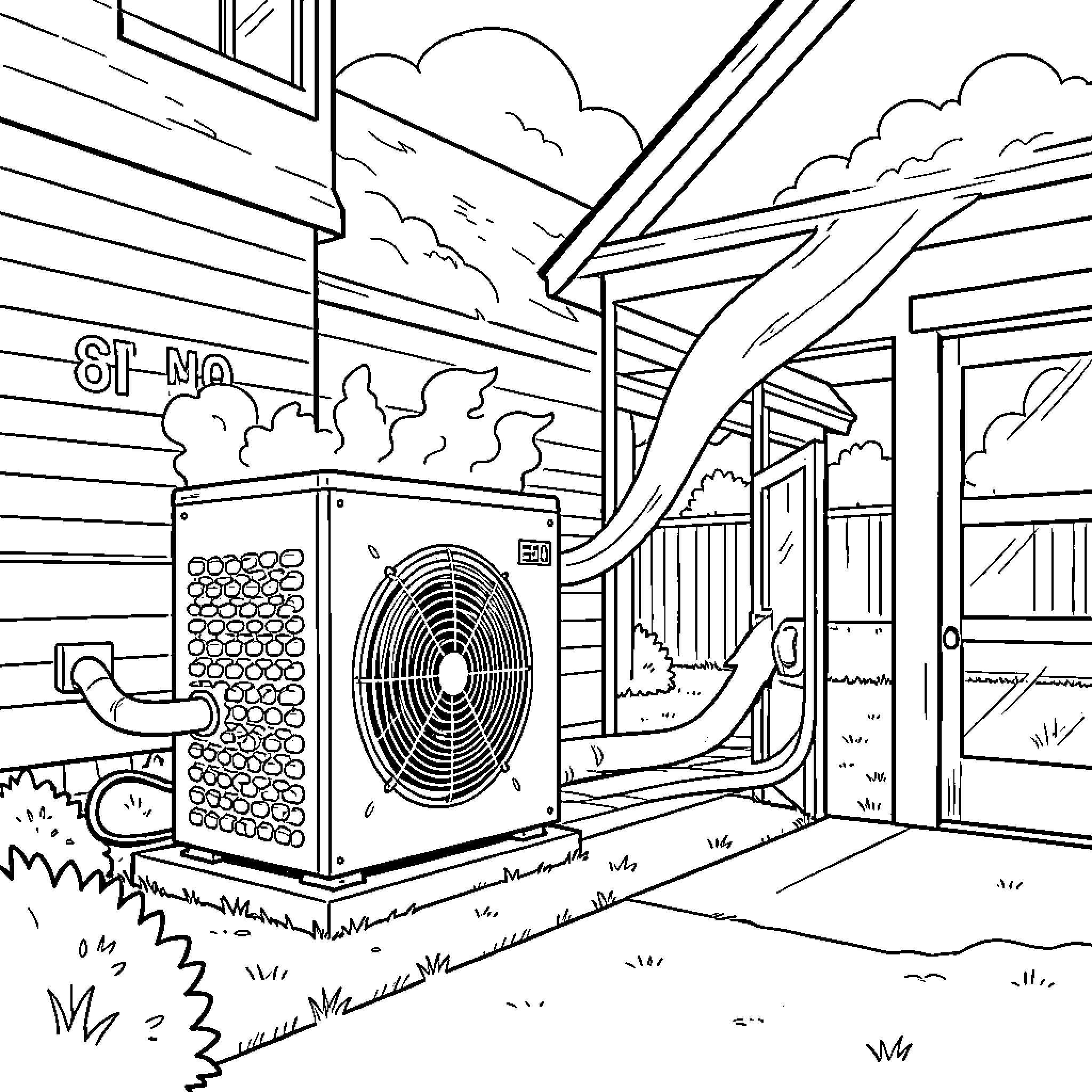 Heat Pump unit installed outside a house Coloring Page (free black-and-white line drawing printable PDF for all, from beginners to advanced learners, including children, teens, adults, and seniors)