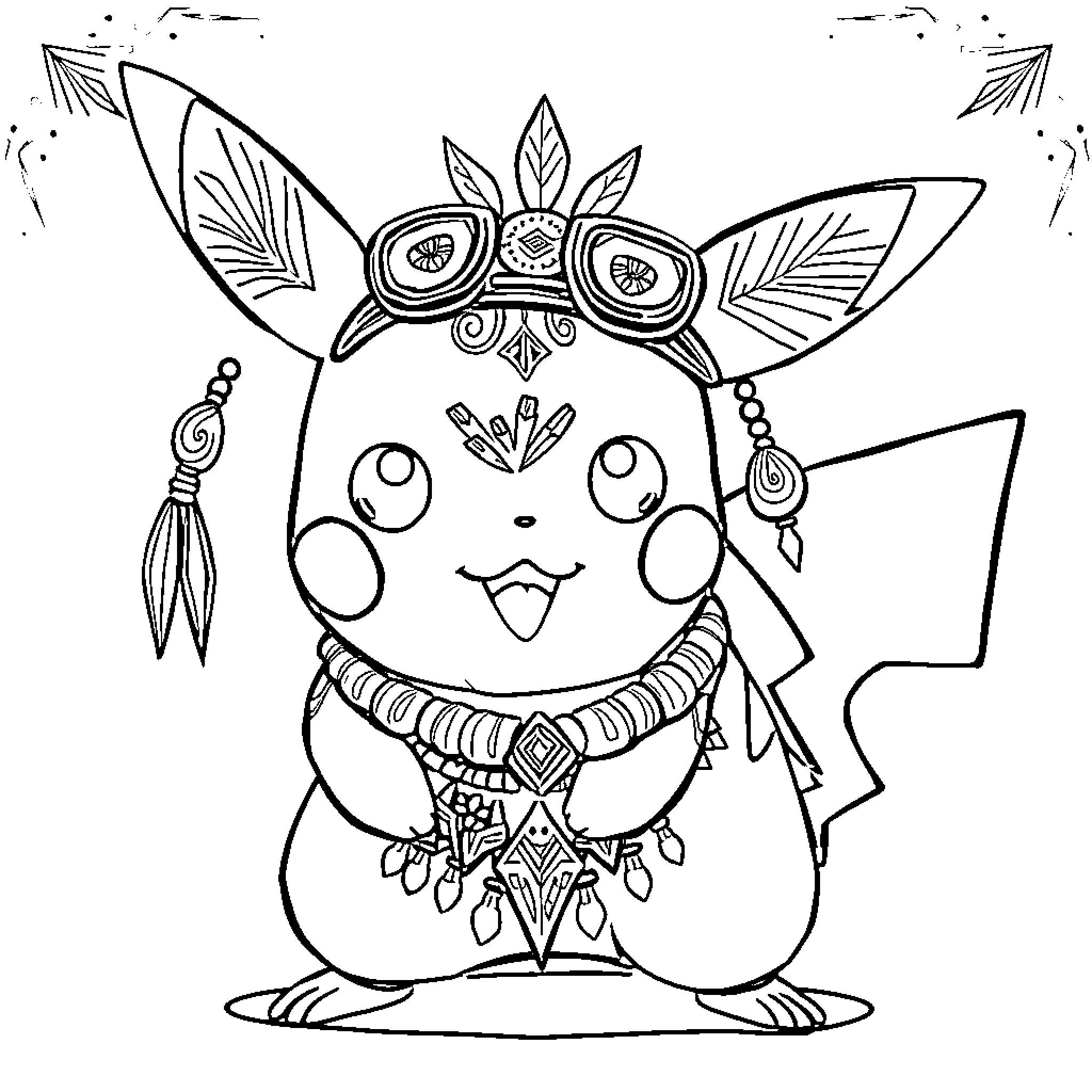 Pikachu in Tribal Attire and Accessories Coloring Page (free black-and-white line drawing printable PDF for all, from beginners to advanced learners, including children, teens, adults, and seniors)