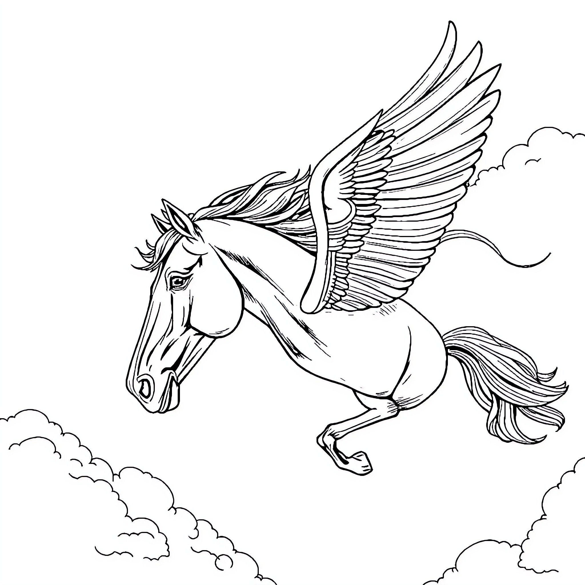 Horse soaring majestically through the clouds Coloring Page (free black-and-white line drawing printable PDF for all, from beginners to advanced learners, including children, teens, adults, and seniors)