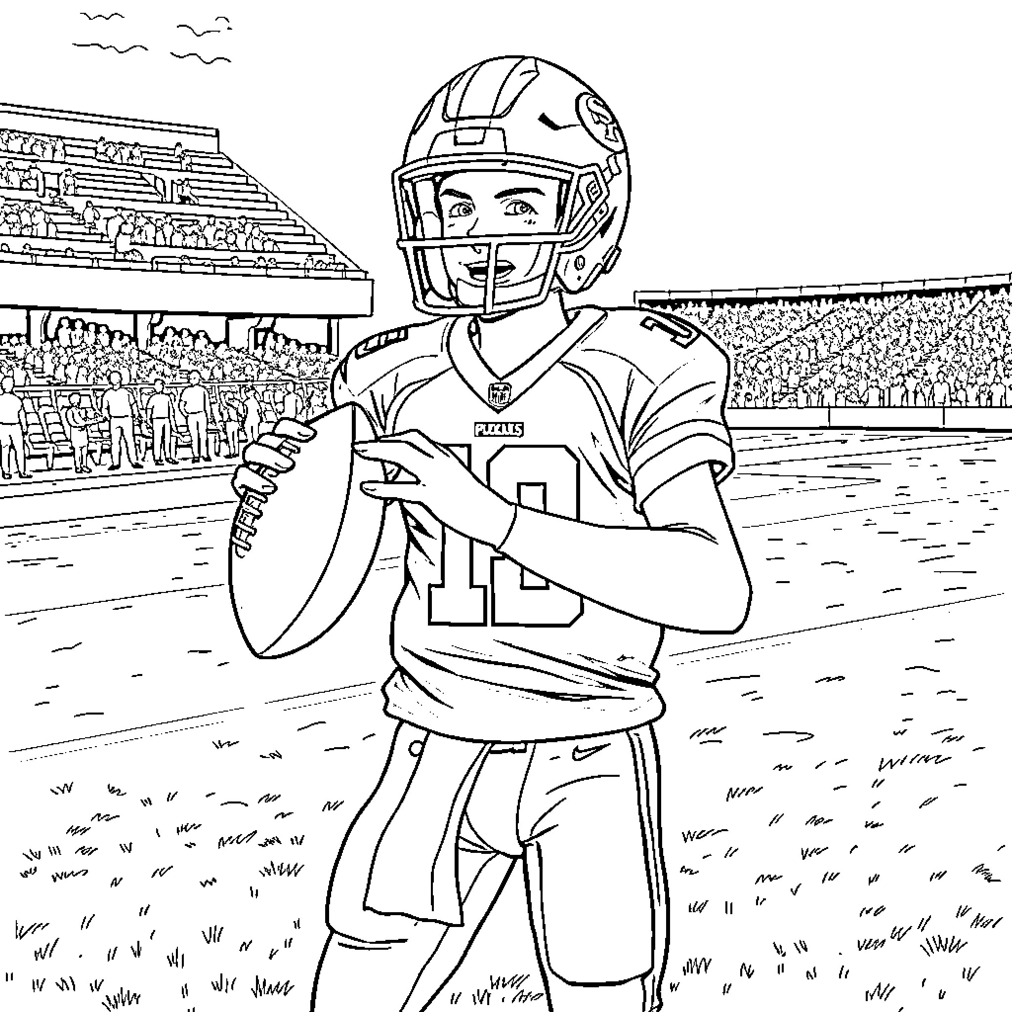 Brock Purdy playing football on the field Coloring Page (free black-and-white line drawing printable PDF for all, from beginners to advanced learners, including children, teens, adults, and seniors)