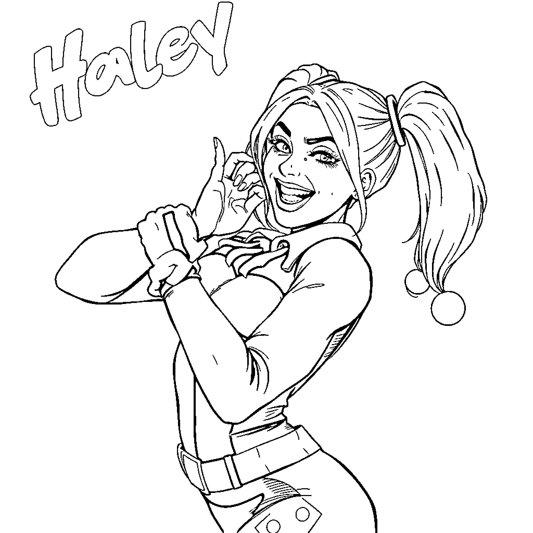 Harley Quinn expressing mischievous glee Coloring Page (free black-and-white line drawing printable PDF for all, from beginners to advanced learners, including children, teens, adults, and seniors)