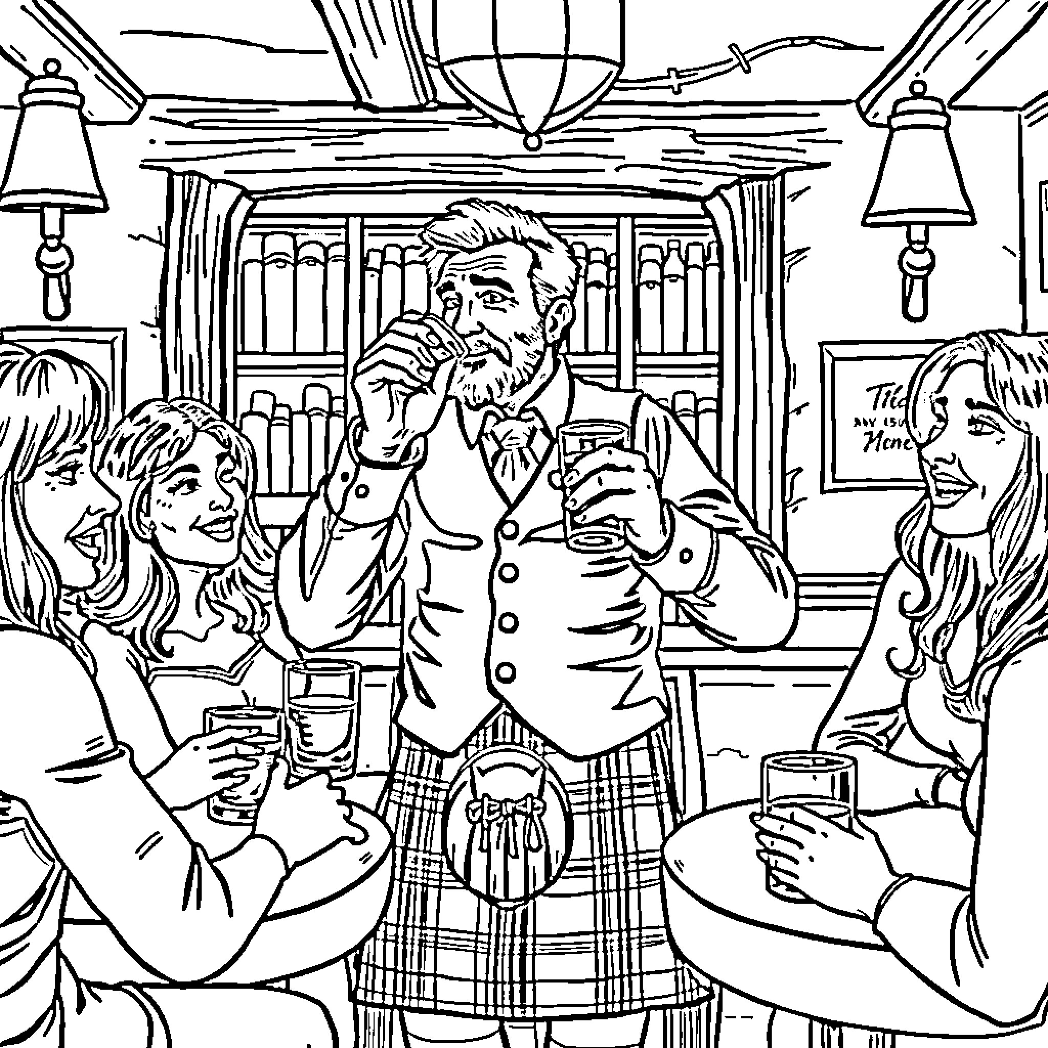 Scotsman enjoying drinks with friends in pub Coloring Page (free black-and-white line drawing printable PDF for all, from beginners to advanced learners, including children, teens, adults, and seniors)