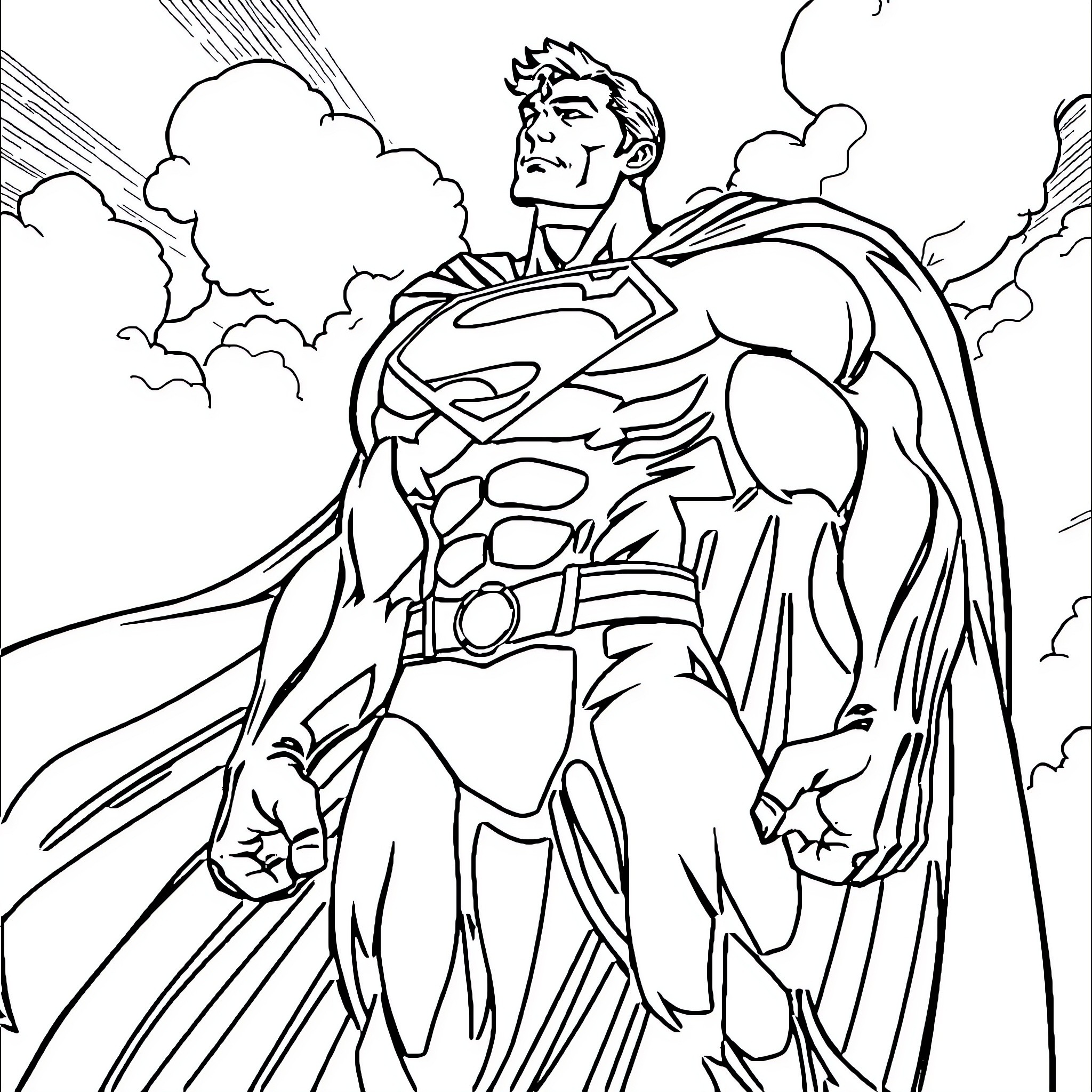 Superman in heroic pose with clouds in the background Coloring Page (free black-and-white line drawing printable PDF for all, from beginners to advanced learners, including children, teens, adults, and seniors)