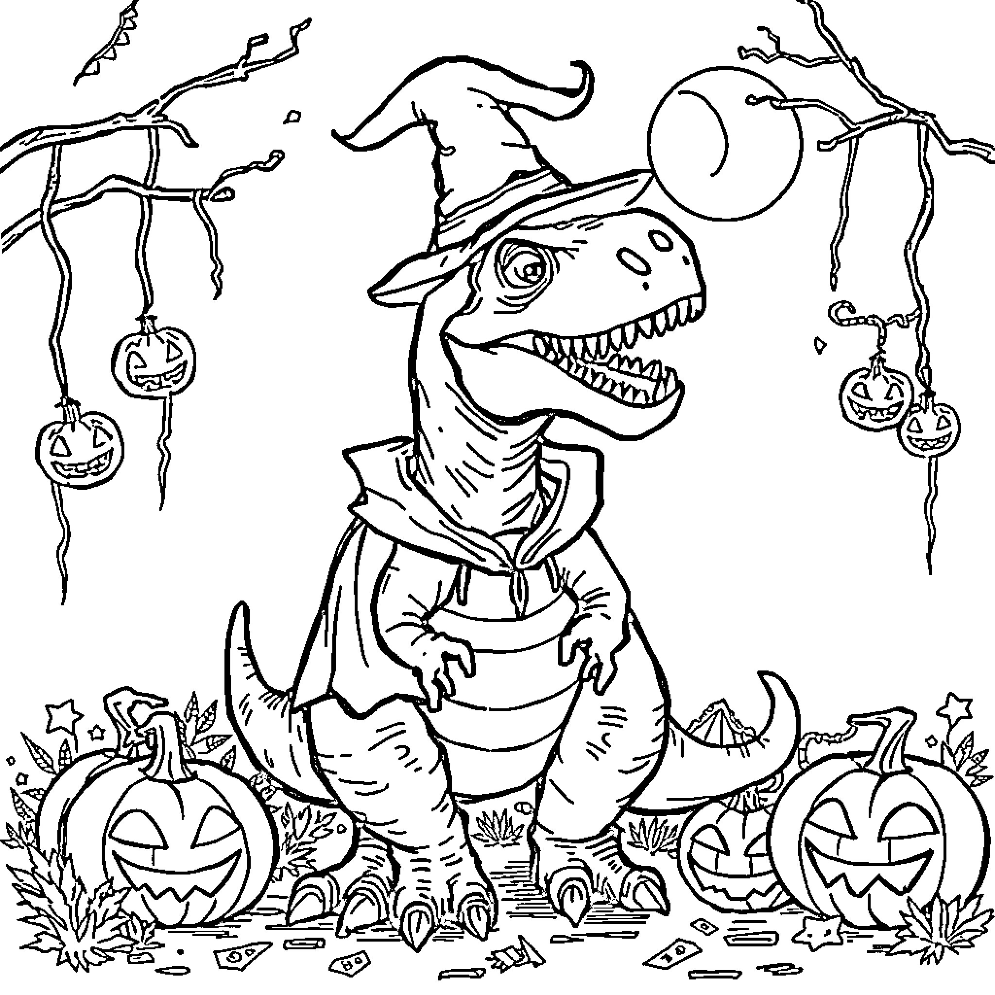 T-Rex in Halloween costume and accessories Coloring Page (free black-and-white line drawing printable PDF for all, from beginners to advanced learners, including children, teens, adults, and seniors)