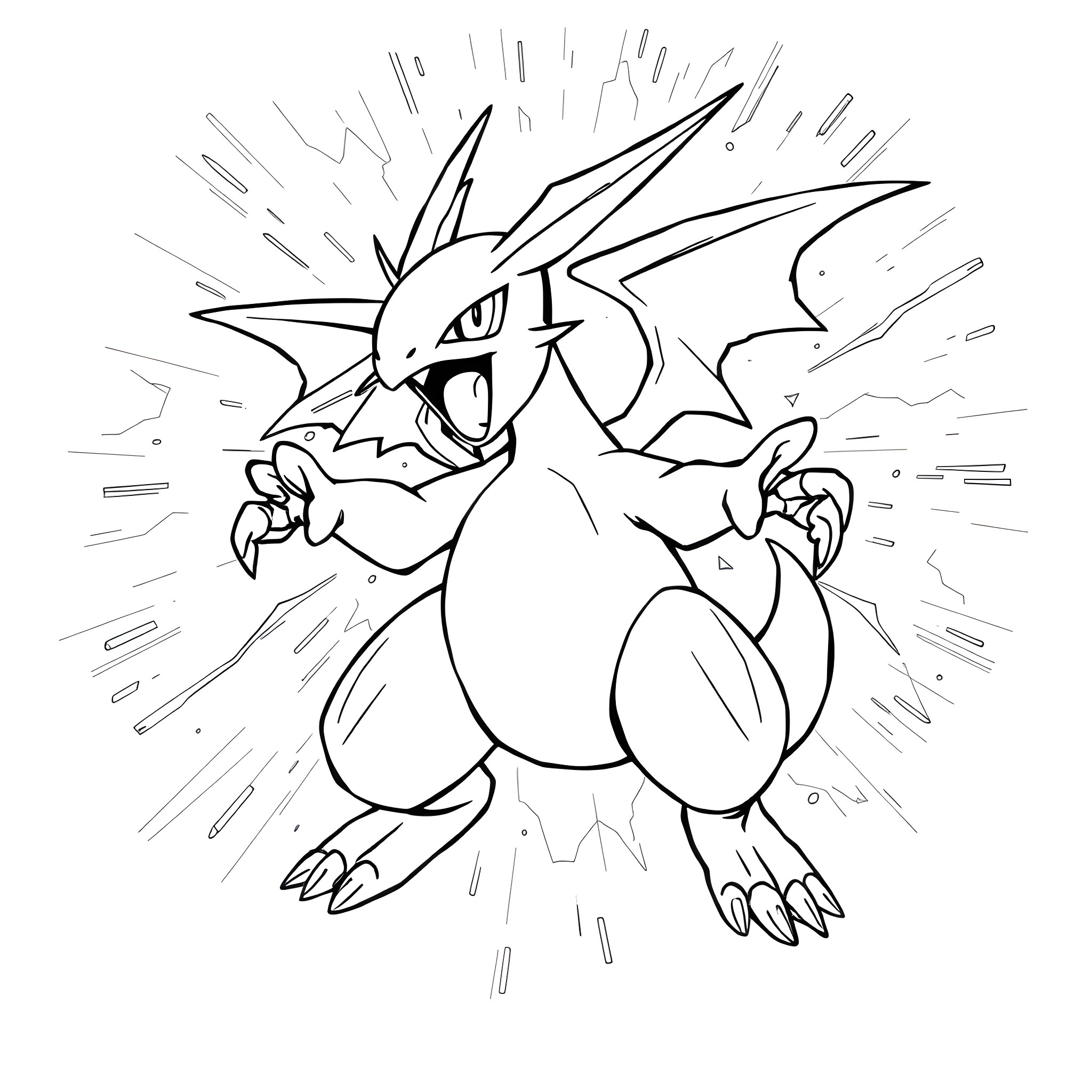 Pokémon Charizard Unleashing Powerful Attack Coloring Page (free black-and-white line drawing printable PDF for all, from beginners to advanced learners, including children, teens, adults, and seniors)