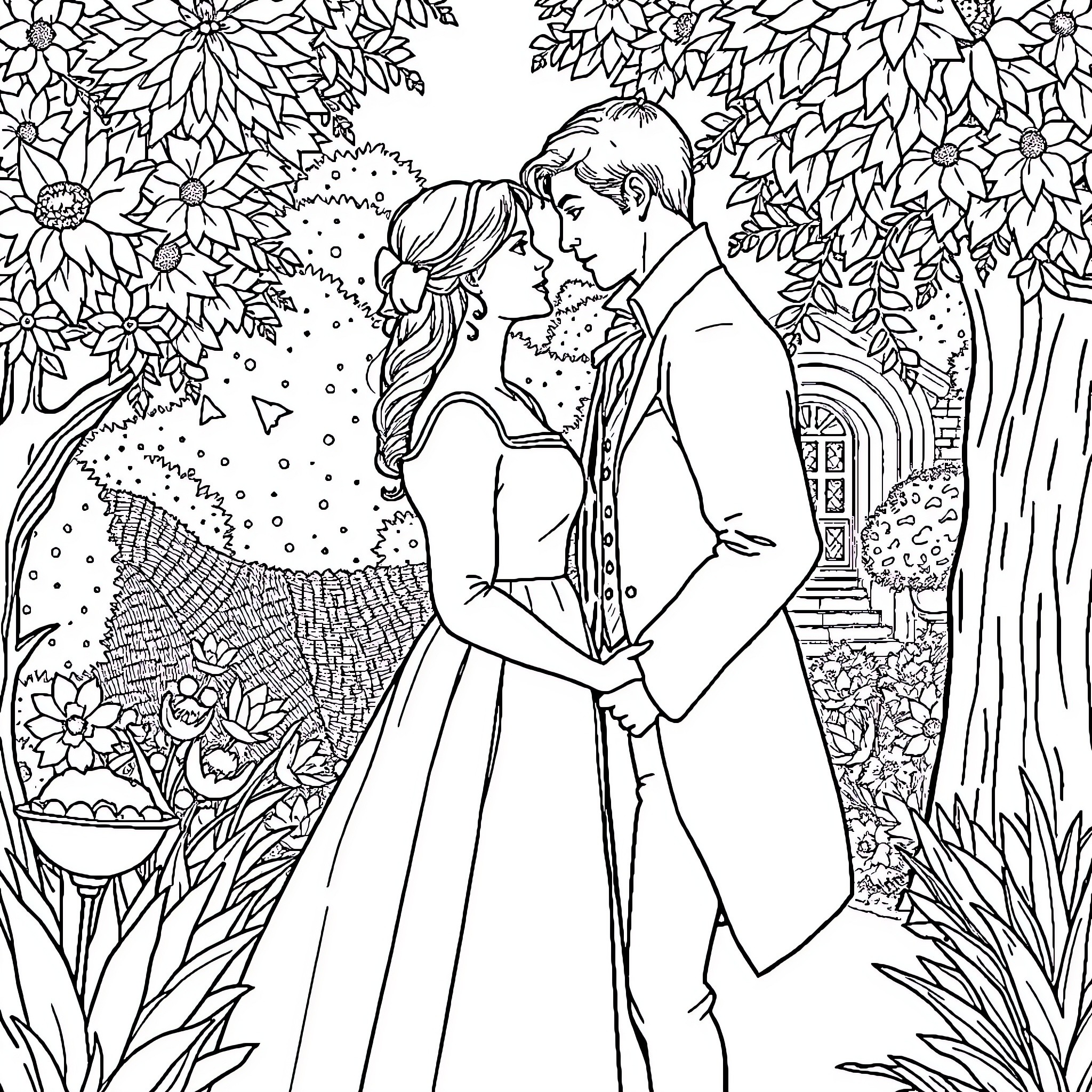 Couple in a romantic embrace surrounded by nature Coloring Page (free black-and-white line drawing printable PDF for all, from beginners to advanced learners, including children, teens, adults, and seniors)