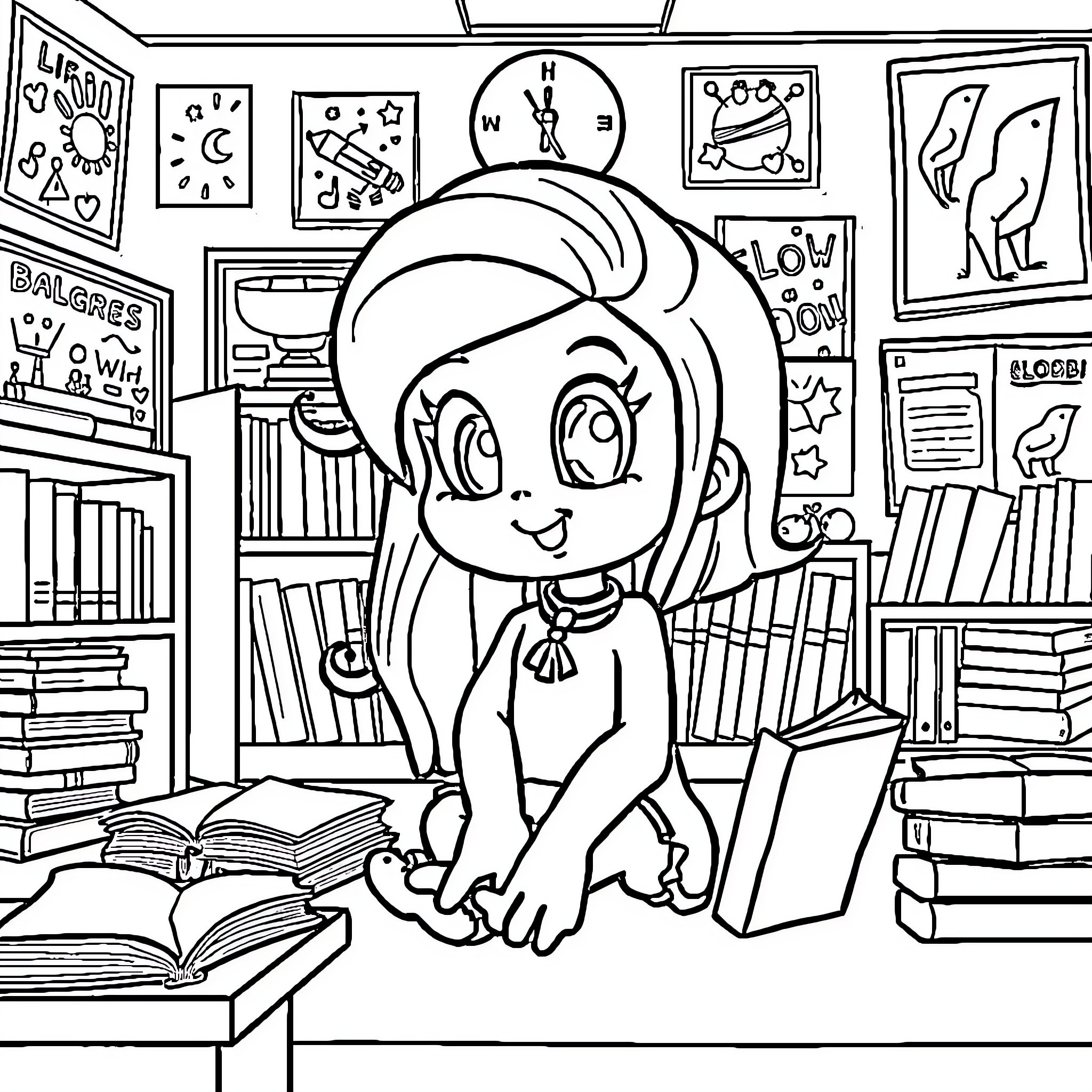 Globi Exploring a Whimsical Reading Nook Coloring Page (free black-and-white line drawing printable PDF for all, from beginners to advanced learners, including children, teens, adults, and seniors)