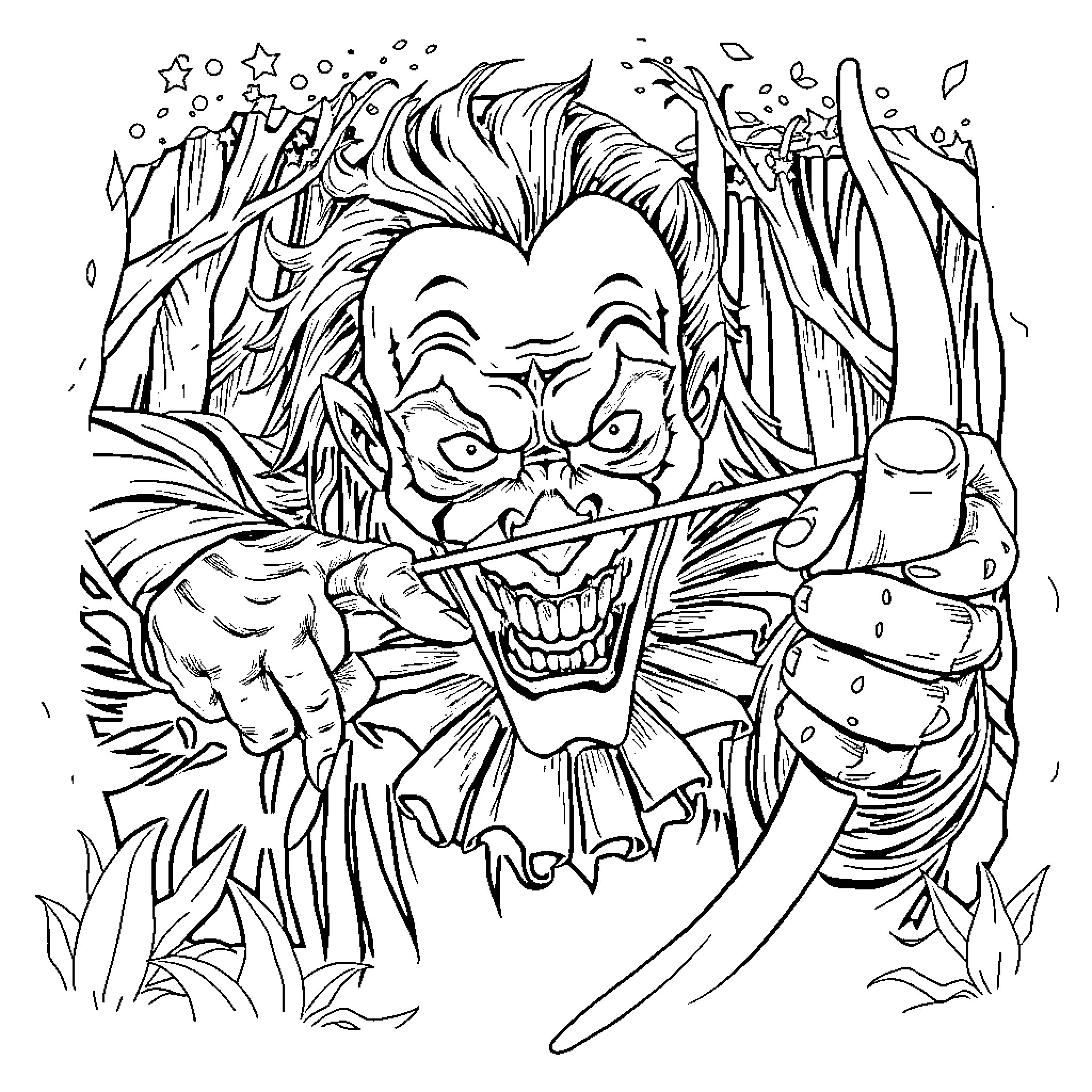 Payaso in Mischievous Jungle Adventure Coloring Page (free black-and-white line drawing printable PDF for all, from beginners to advanced learners, including children, teens, adults, and seniors)