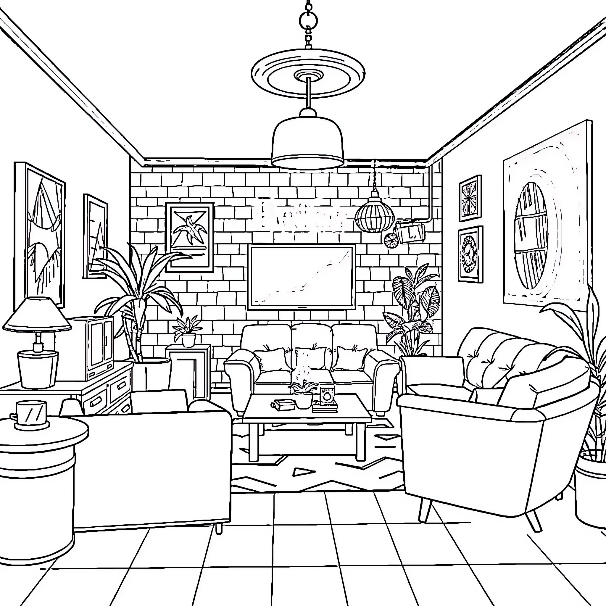 Retro Living Room with Cozy Furnishings Coloring Page (free black-and-white line drawing printable PDF for all, from beginners to advanced learners, including children, teens, adults, and seniors)