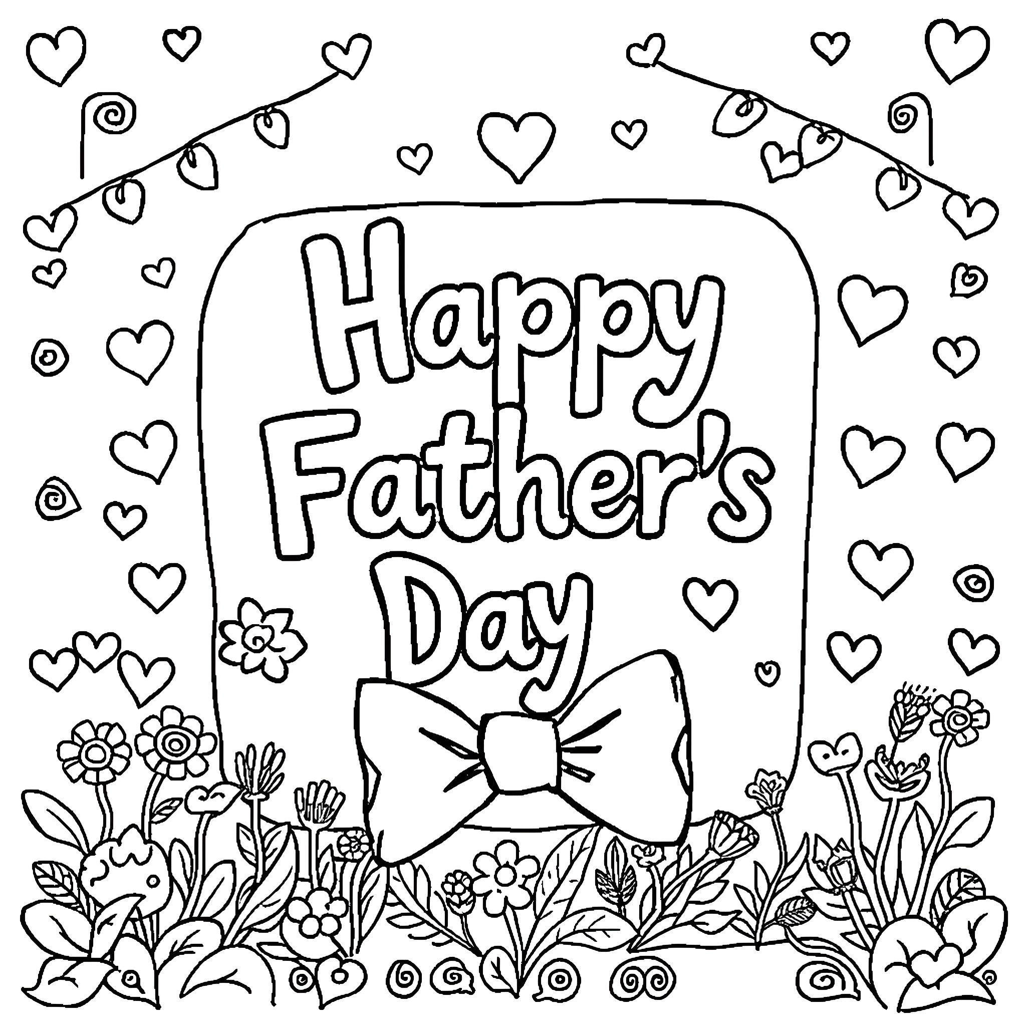 Father's Day with floral hearts and flowers Coloring Page (free black-and-white line drawing printable PDF for all, from beginners to advanced learners, including children, teens, adults, and seniors)