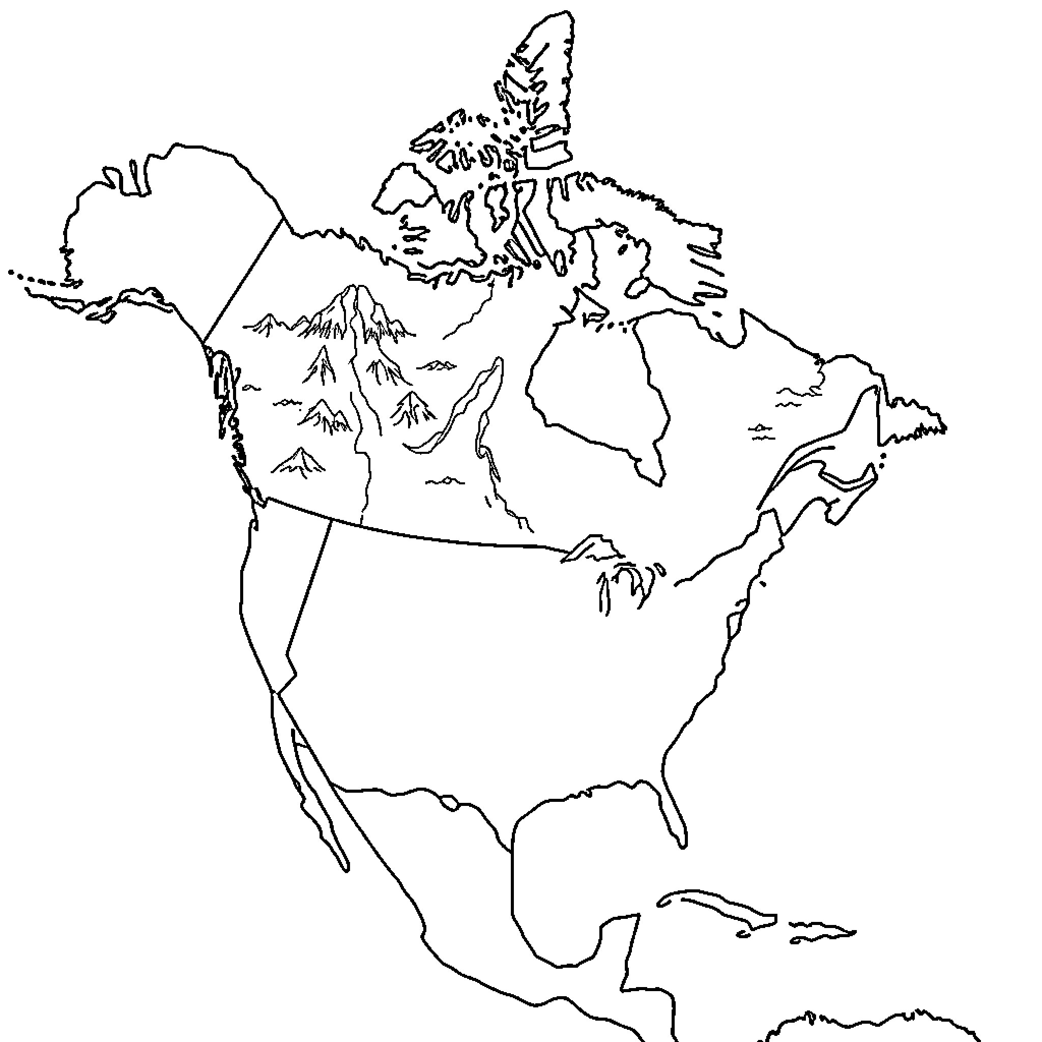 Map of the North American continent Coloring Page (free black-and-white line drawing printable PDF for all, from beginners to advanced learners, including children, teens, adults, and seniors)