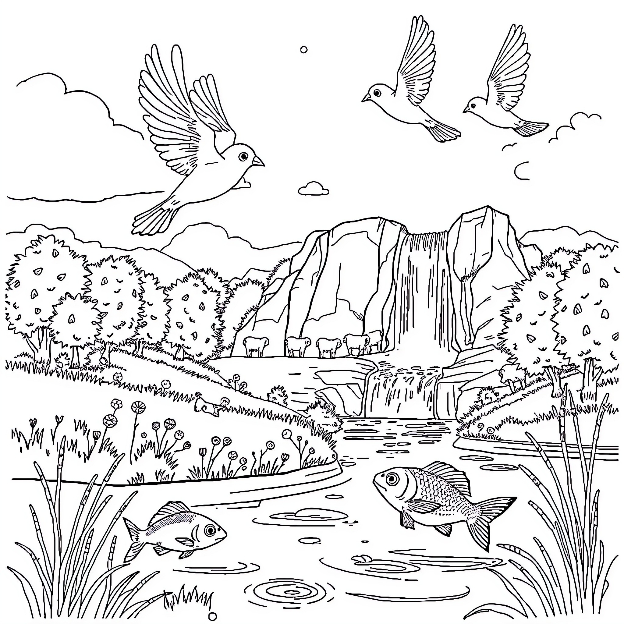 Birds soaring freely in scenic nature landscape Coloring Page (free black-and-white line drawing printable PDF for all, from beginners to advanced learners, including children, teens, adults, and seniors)