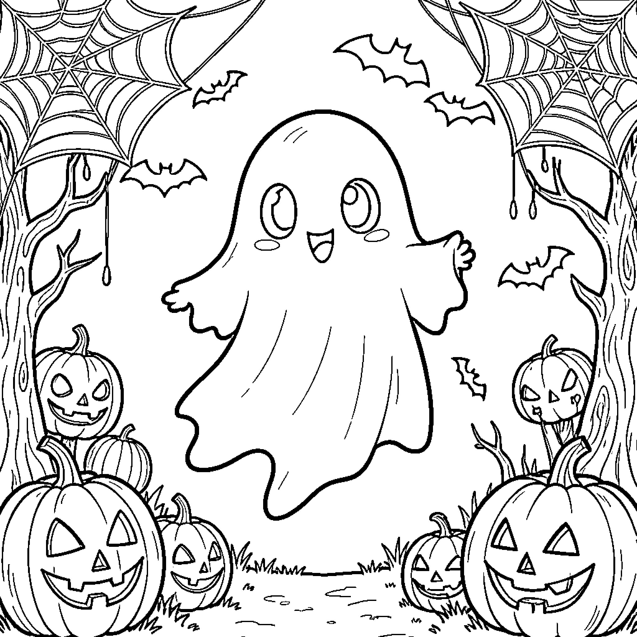 Labubu as a cute ghost among pumpkins and bats Coloring Page (free black-and-white line drawing printable PDF for all, from beginners to advanced learners, including children, teens, adults, and seniors)