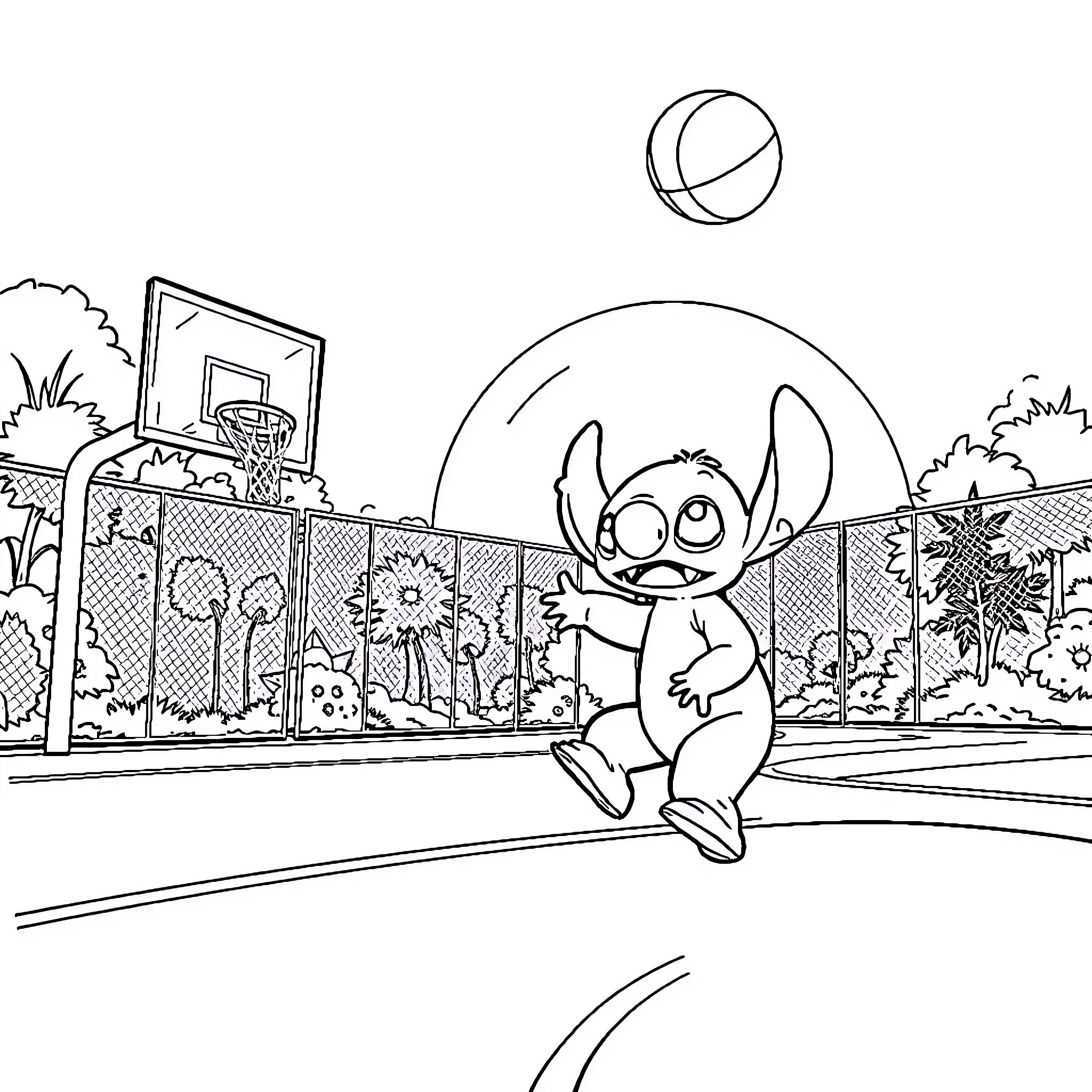 Stitch playing on the basketball court Coloring Page (free black-and-white line drawing printable PDF for all, from beginners to advanced learners, including children, teens, adults, and seniors)