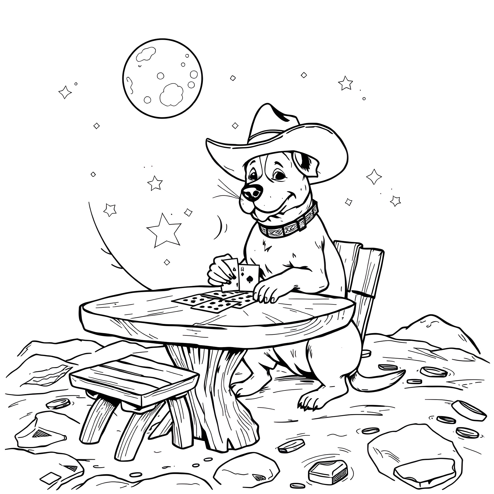 Cowboy Dog Playing on a Star-Filled Campsite Coloring Page (free black-and-white line drawing printable PDF for all, from beginners to advanced learners, including children, teens, adults, and seniors)