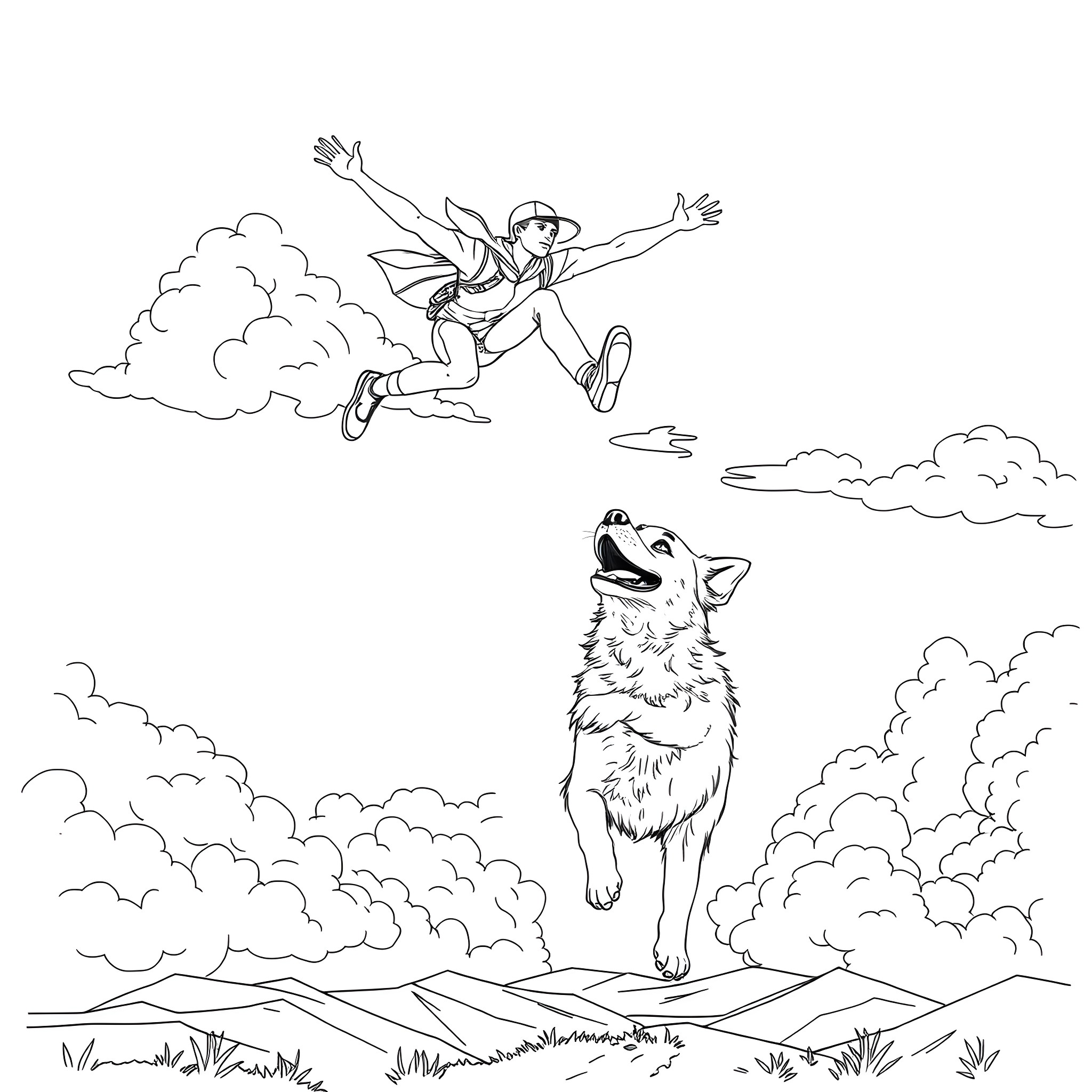 Guy leaping in the air with excitement Coloring Page (free black-and-white line drawing printable PDF for all, from beginners to advanced learners, including children, teens, adults, and seniors)