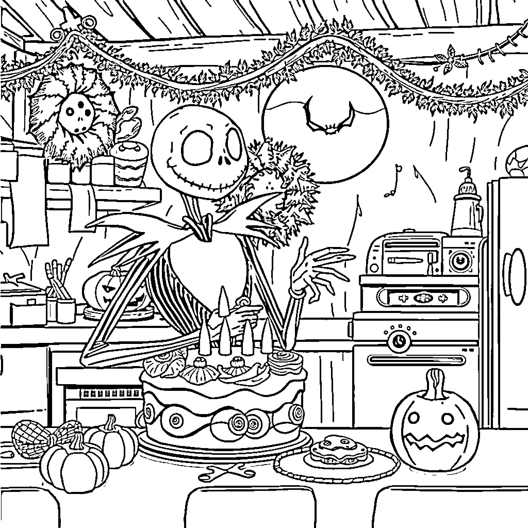 Jack Skeleton preparing for a spooky Halloween celebration Coloring Page (free black-and-white line drawing printable PDF for all, from beginners to advanced learners, including children, teens, adults, and seniors)