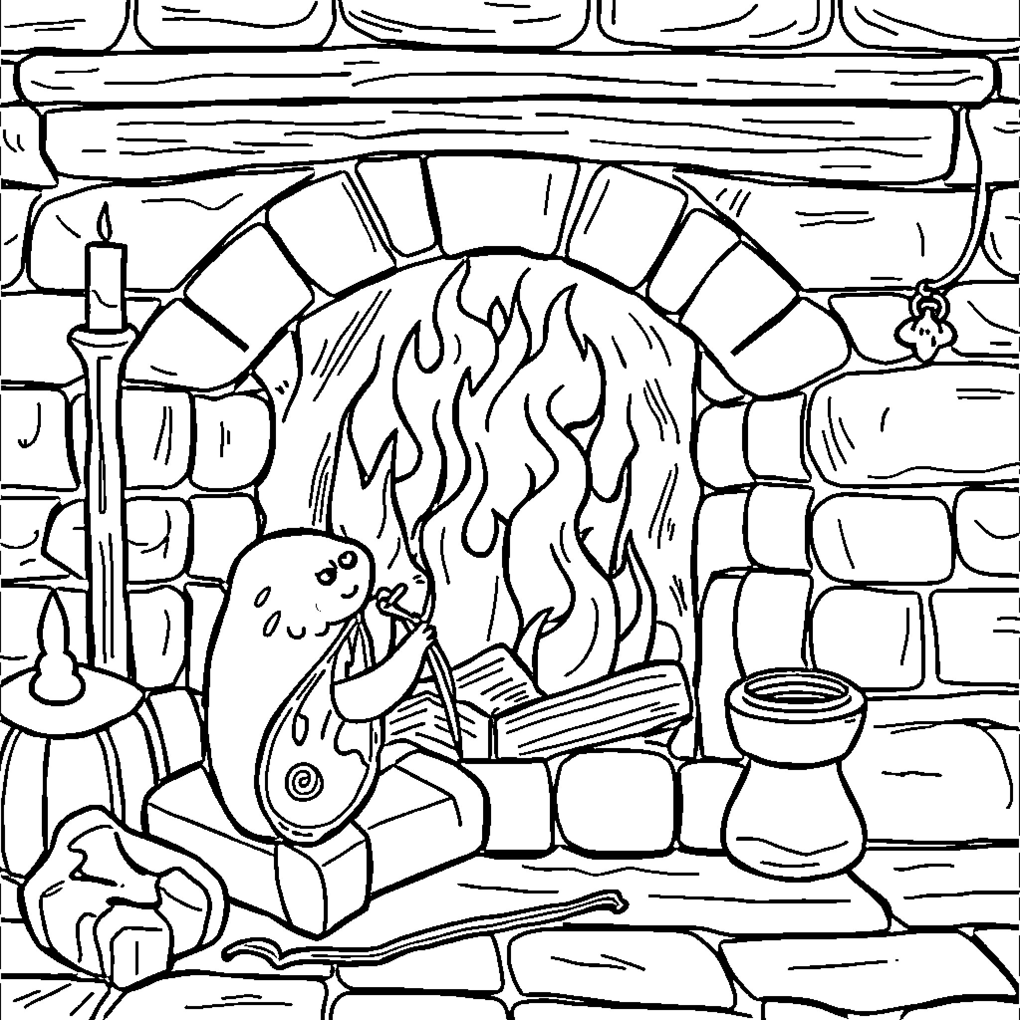 Moth reading by the fireplace Coloring Page (free black-and-white line drawing printable PDF for all, from beginners to advanced learners, including children, teens, adults, and seniors)