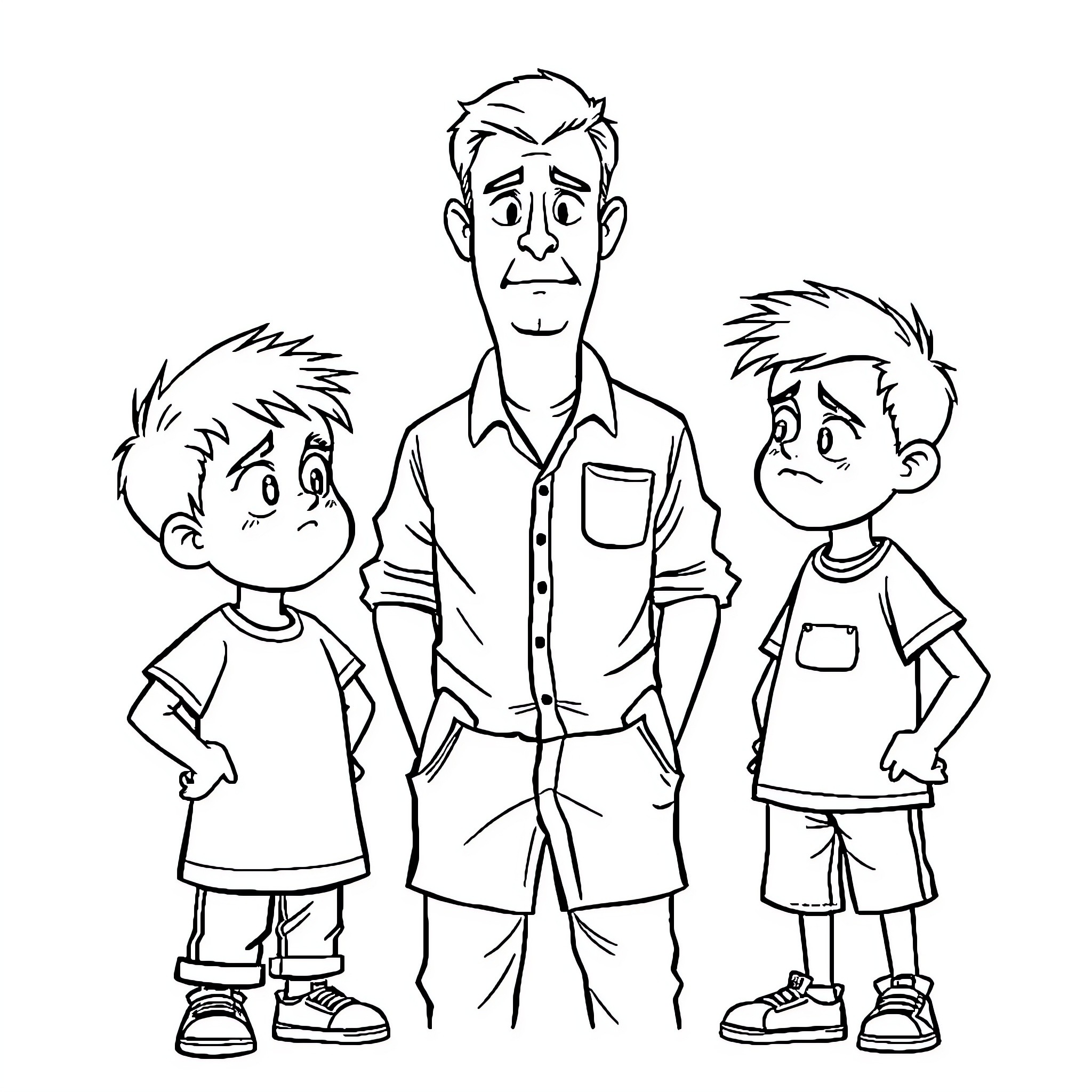 Kid trio with father figure in casual outfit Coloring Page (free black-and-white line drawing printable PDF for all, from beginners to advanced learners, including children, teens, adults, and seniors)