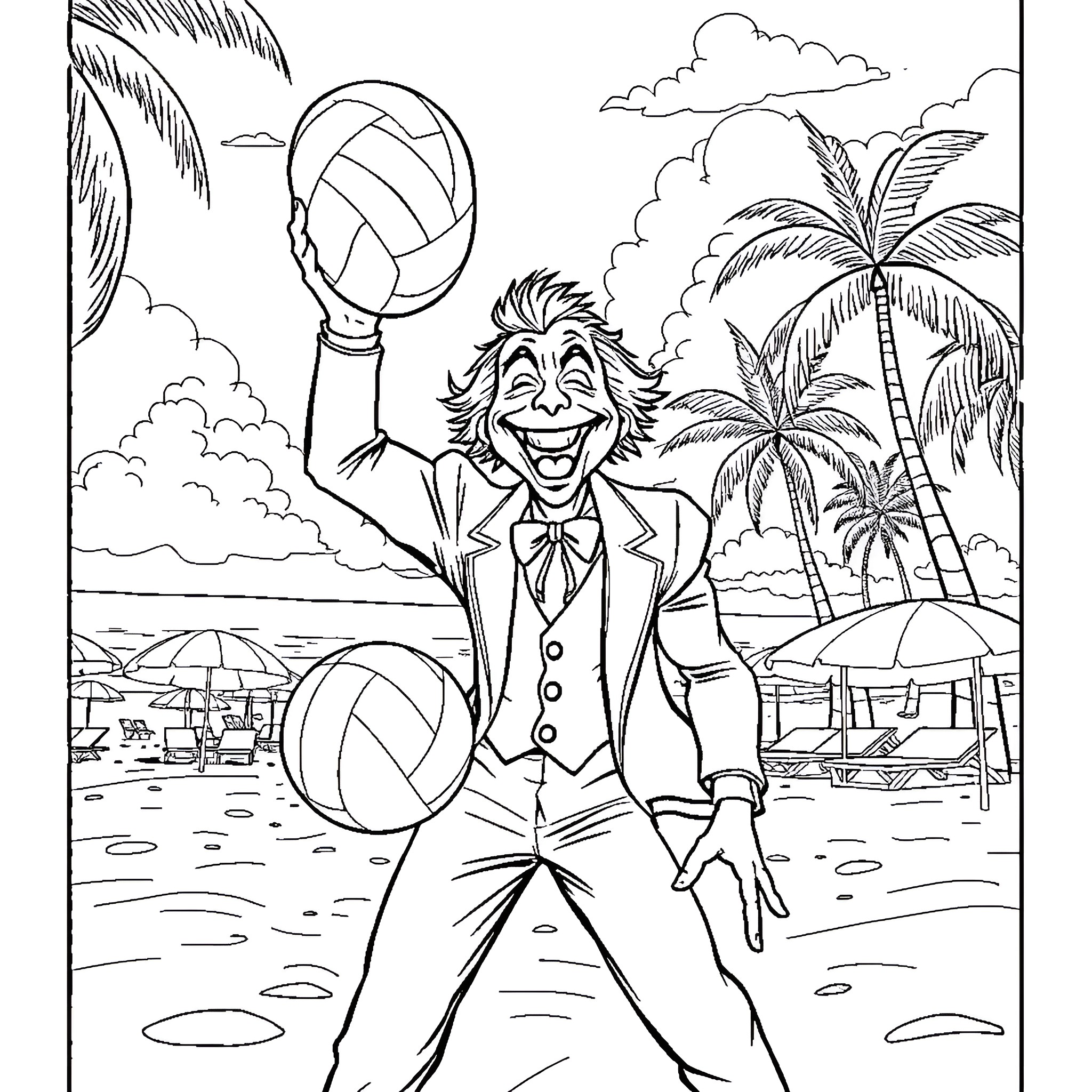 Joker enjoying a beach volleyball game Coloring Page (free black-and-white line drawing printable PDF for all, from beginners to advanced learners, including children, teens, adults, and seniors)