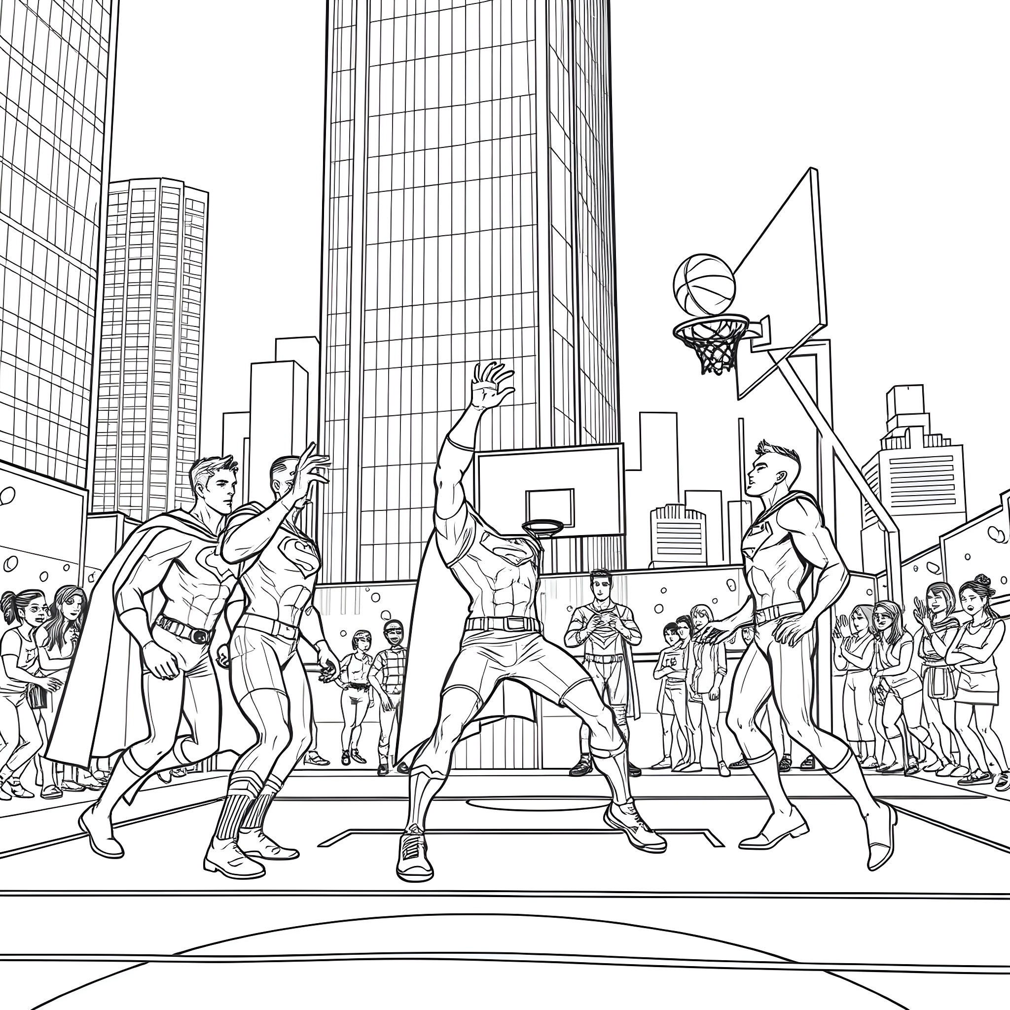 Justice League heroes in action-packed urban scene Coloring Page (free black-and-white line drawing printable PDF for all, from beginners to advanced learners, including children, teens, adults, and seniors)