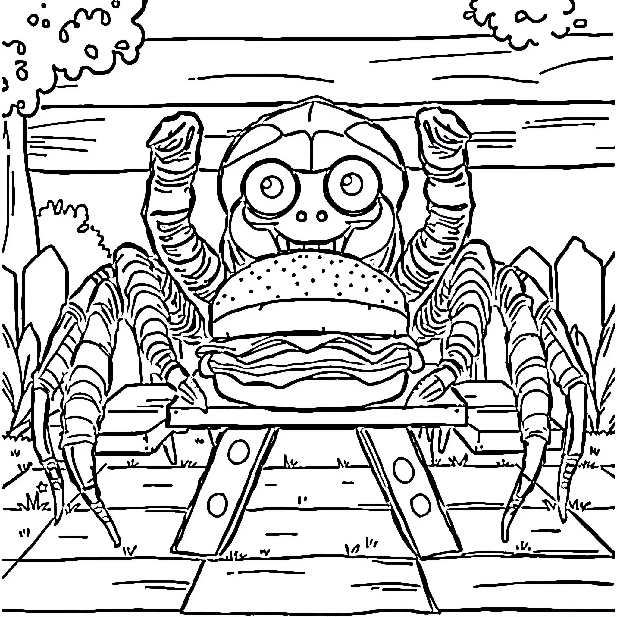 Spider creature preparing a tasty burger Coloring Page (free black-and-white line drawing printable PDF for all, from beginners to advanced learners, including children, teens, adults, and seniors)