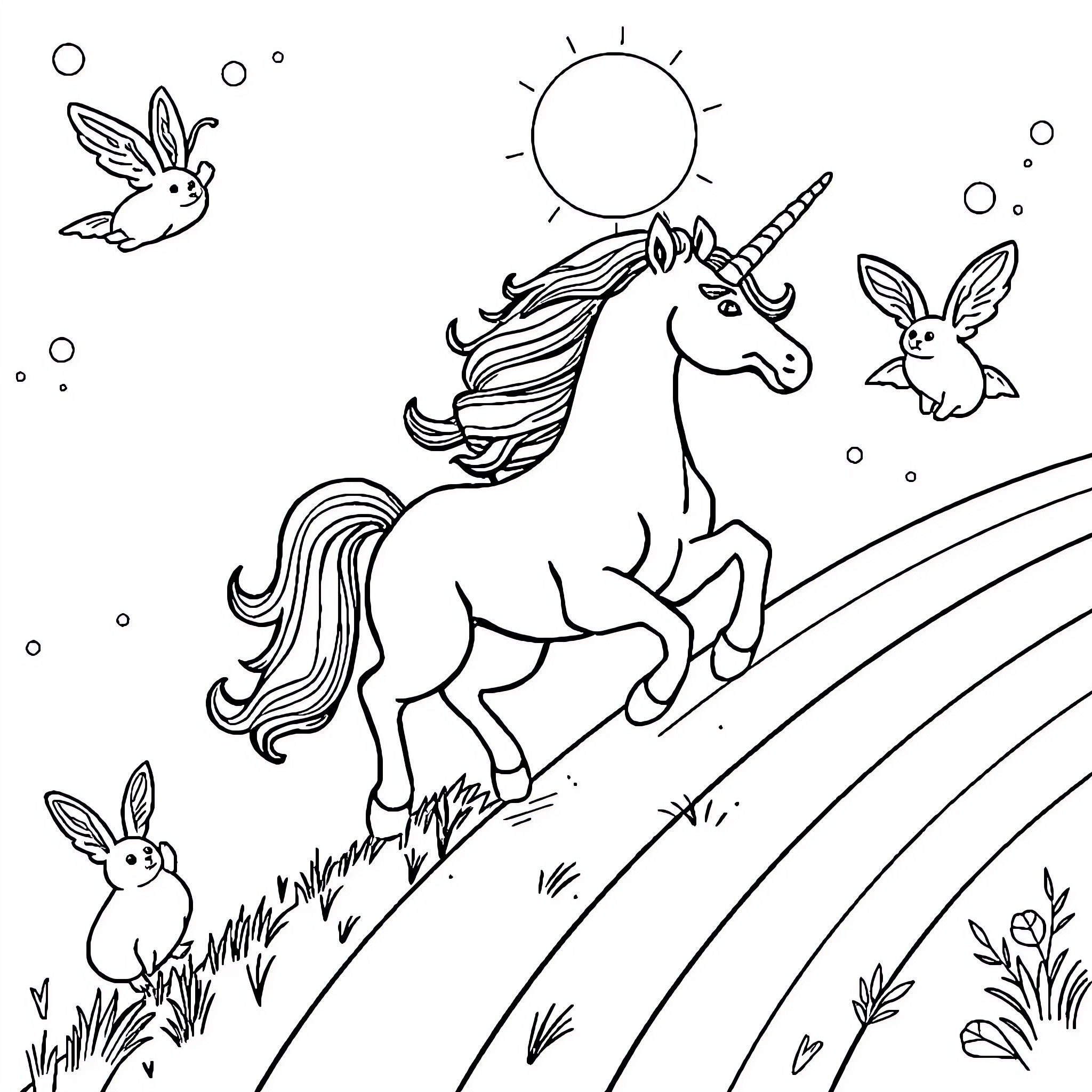 Unicorn running joyfully in a magical meadow Coloring Page (free black-and-white line drawing printable PDF for all, from beginners to advanced learners, including children, teens, adults, and seniors)