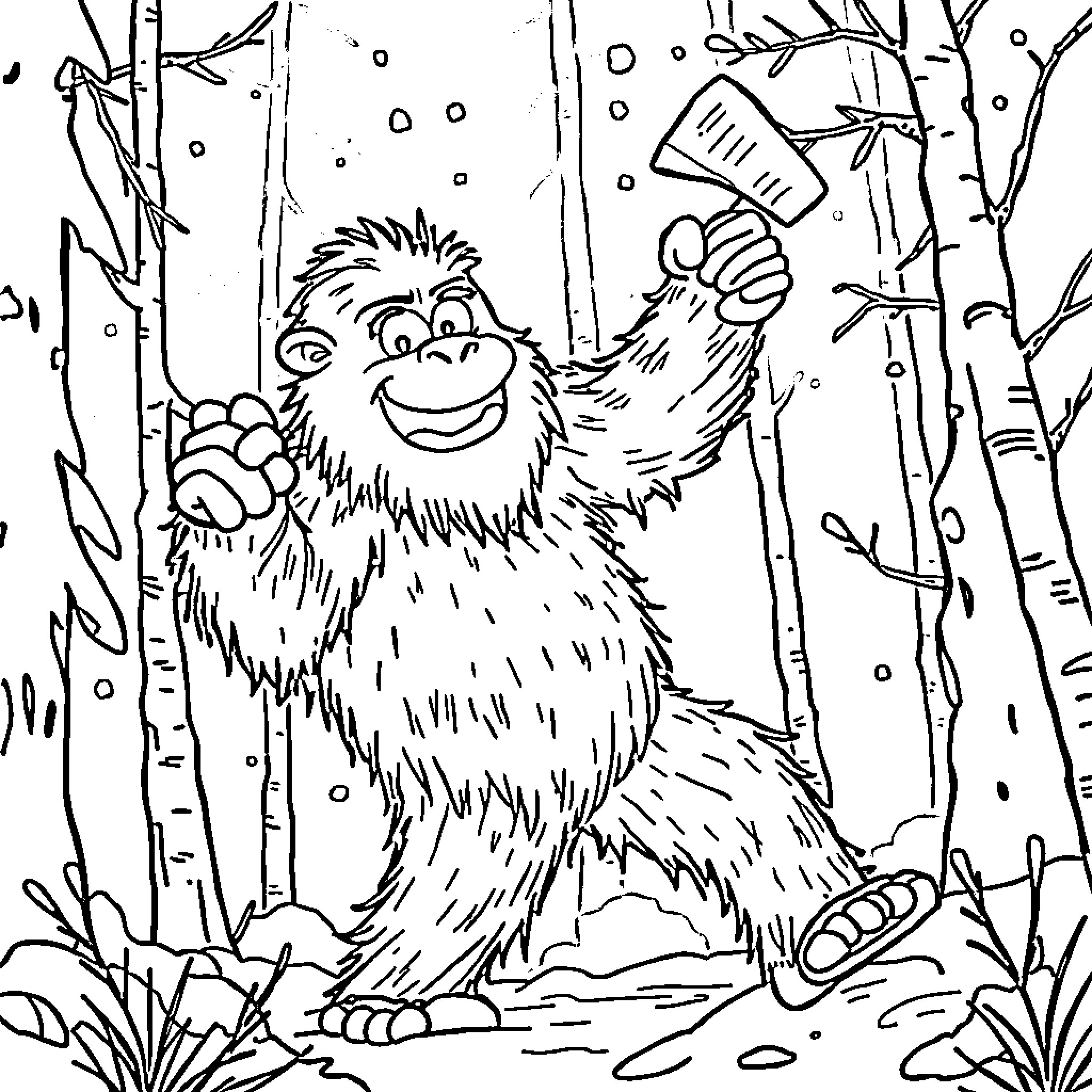 Sasquatch happily exploring the snowy forest Coloring Page (free black-and-white line drawing printable PDF for all, from beginners to advanced learners, including children, teens, adults, and seniors)