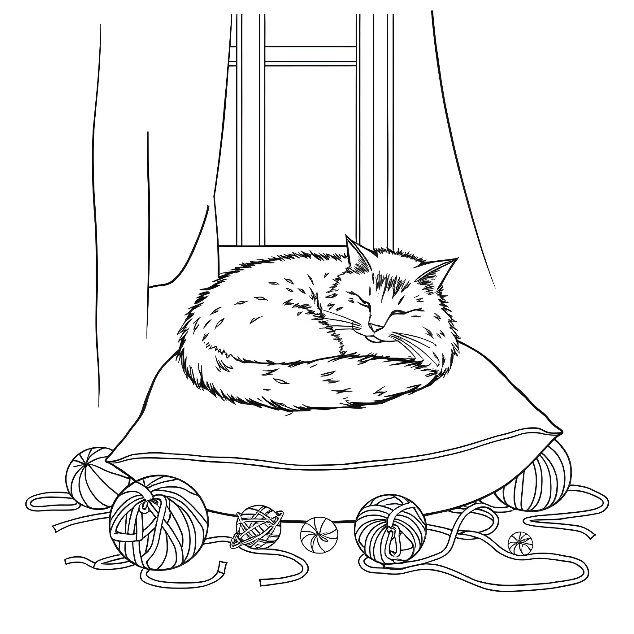 Cat sleeping peacefully on a cushion Coloring Page (free black-and-white line drawing printable PDF for all, from beginners to advanced learners, including children, teens, adults, and seniors)