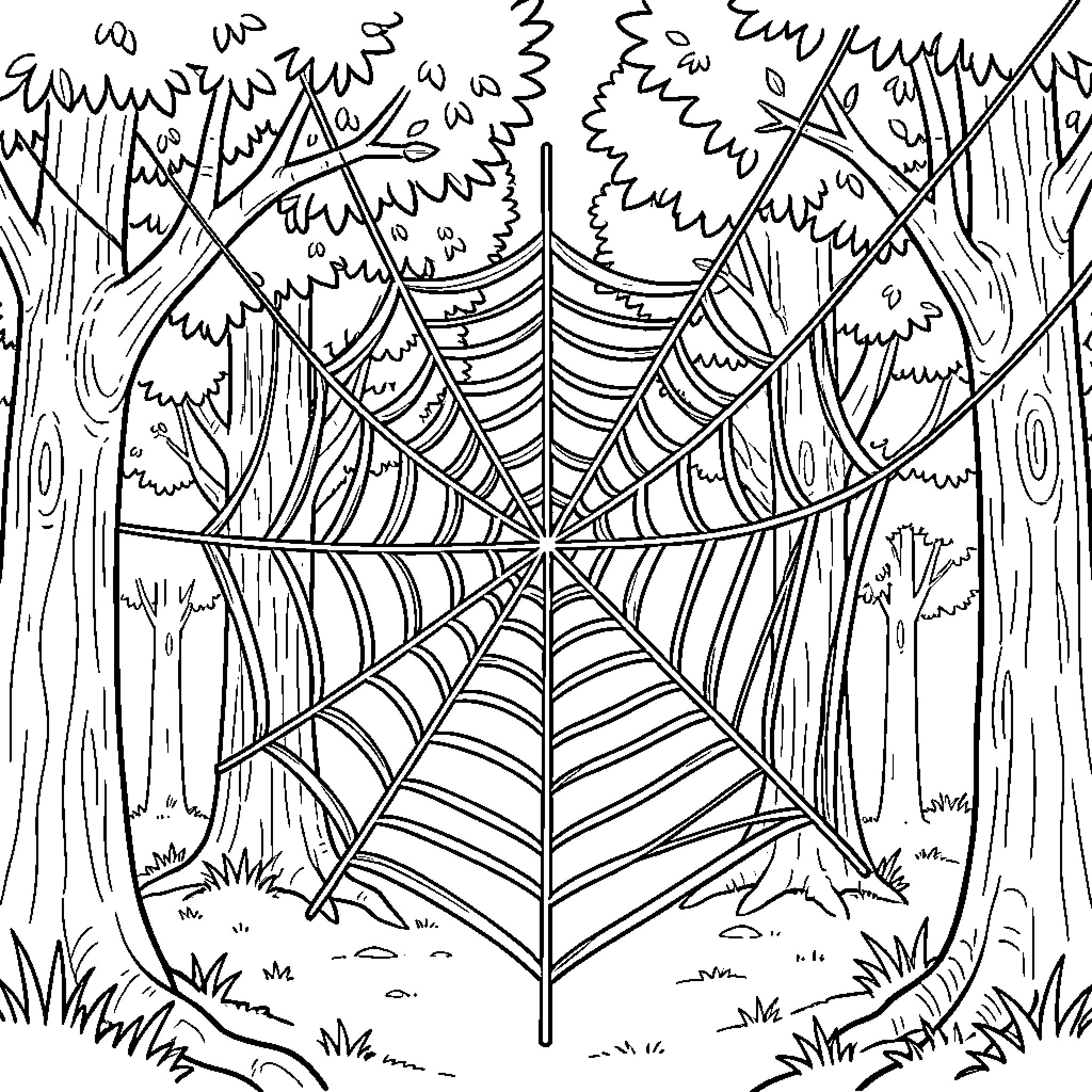 Spider Web stretching between trees in a forest Coloring Page (free black-and-white line drawing printable PDF for all, from beginners to advanced learners, including children, teens, adults, and seniors)