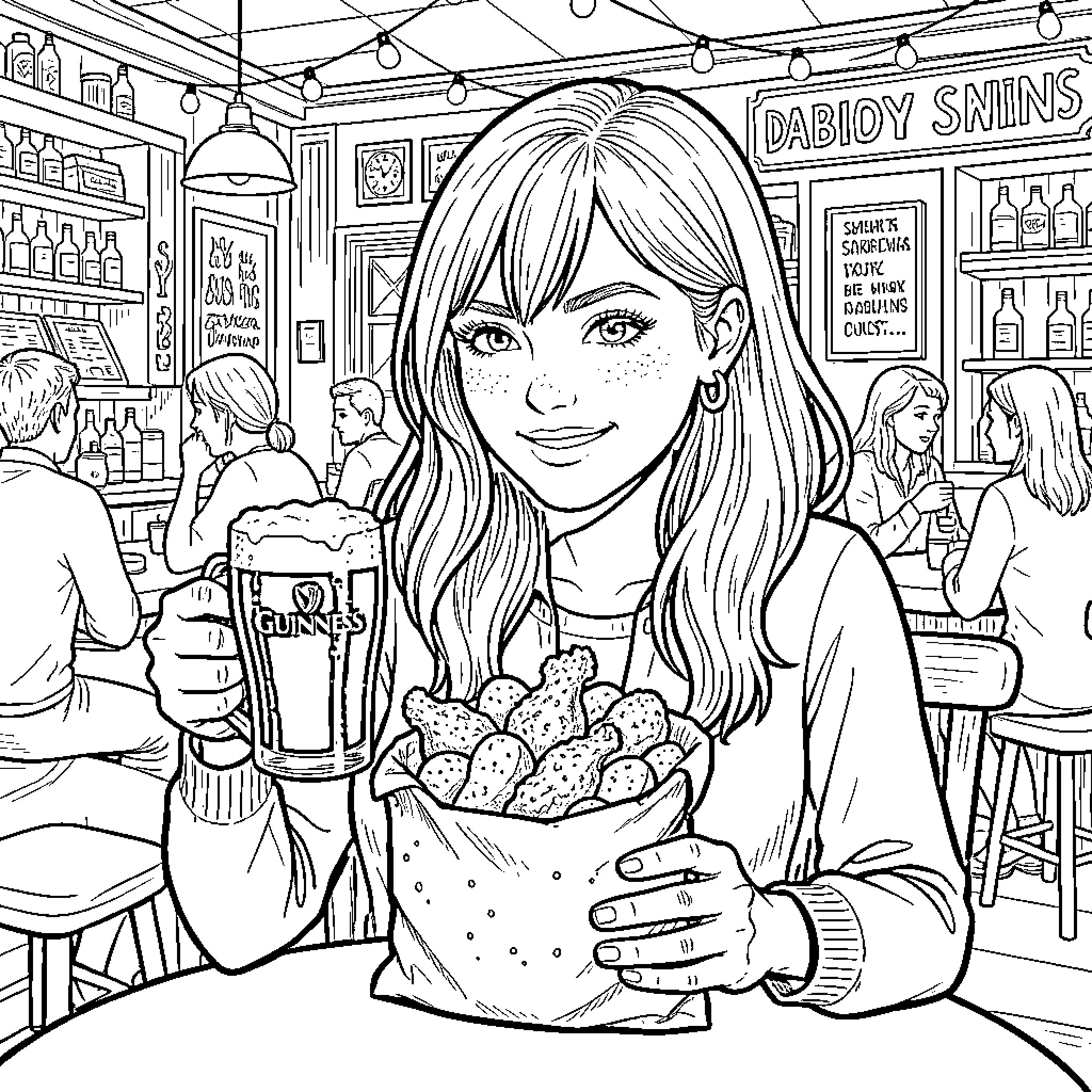 Sabrina Carpenter enjoying a drink and snack at the pub Coloring Page (free black-and-white line drawing printable PDF for all, from beginners to advanced learners, including children, teens, adults, and seniors)