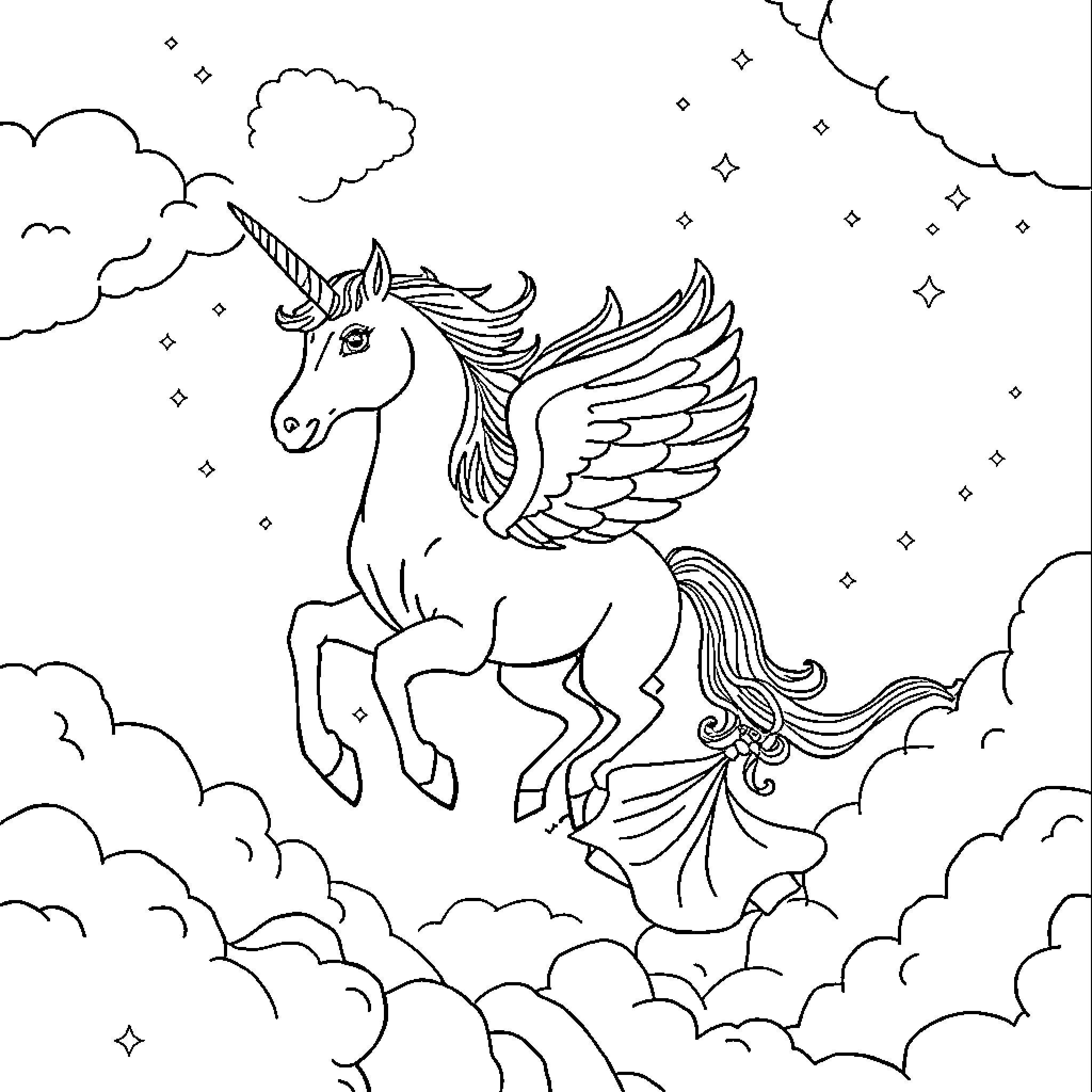 Unicorn soaring through starry skies amidst fluffy clouds Coloring Page (free black-and-white line drawing printable PDF for all, from beginners to advanced learners, including children, teens, adults, and seniors)