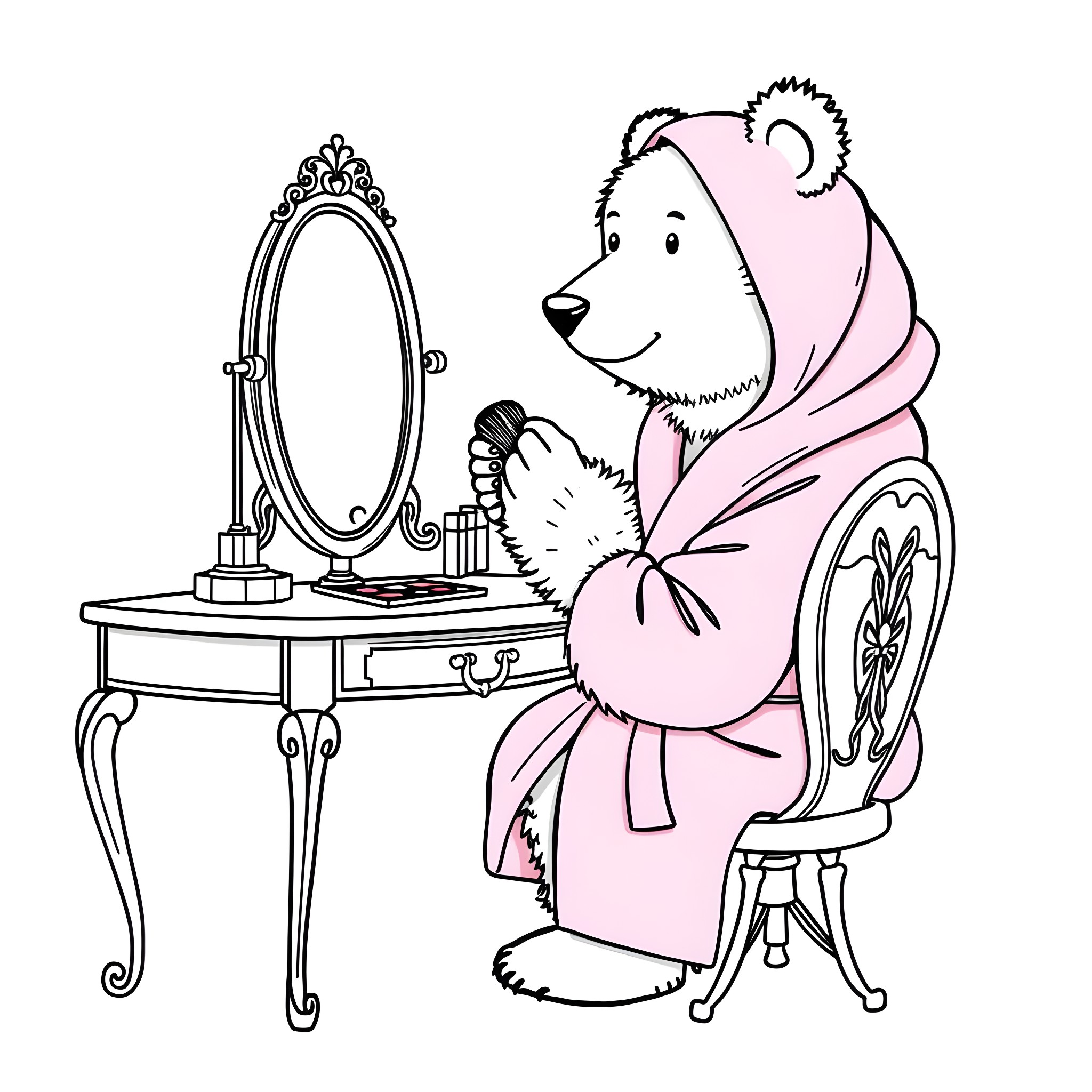 Bear dressing up in a pink robe before a vanity mirror Coloring Page (free black-and-white line drawing printable PDF for all, from beginners to advanced learners, including children, teens, adults, and seniors)