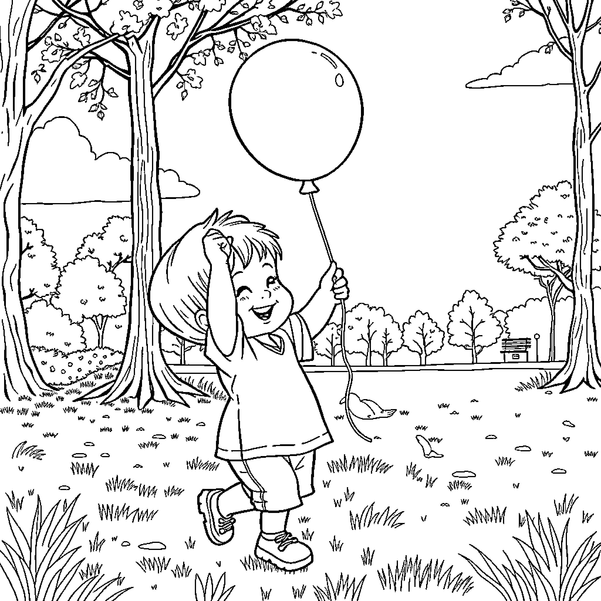 Child happily holding a balloon in a park Coloring Page (free black-and-white line drawing printable PDF for all, from beginners to advanced learners, including children, teens, adults, and seniors)