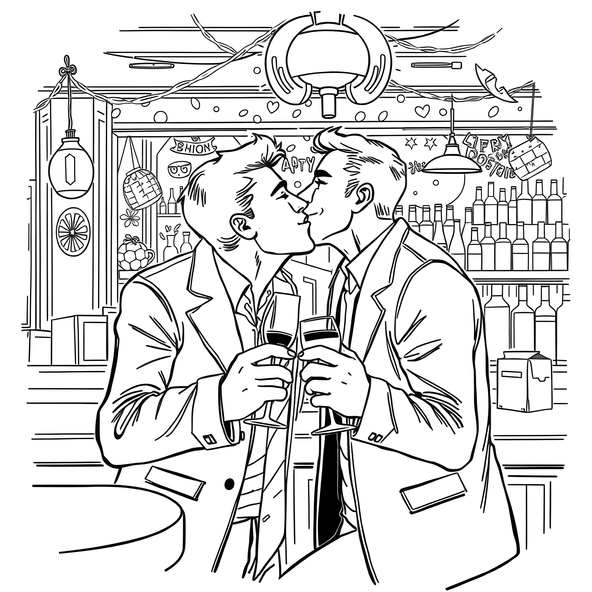 Couple Celebrating a Special Occasion in a Bar Coloring Page (free black-and-white line drawing printable PDF for all, from beginners to advanced learners, including children, teens, adults, and seniors)