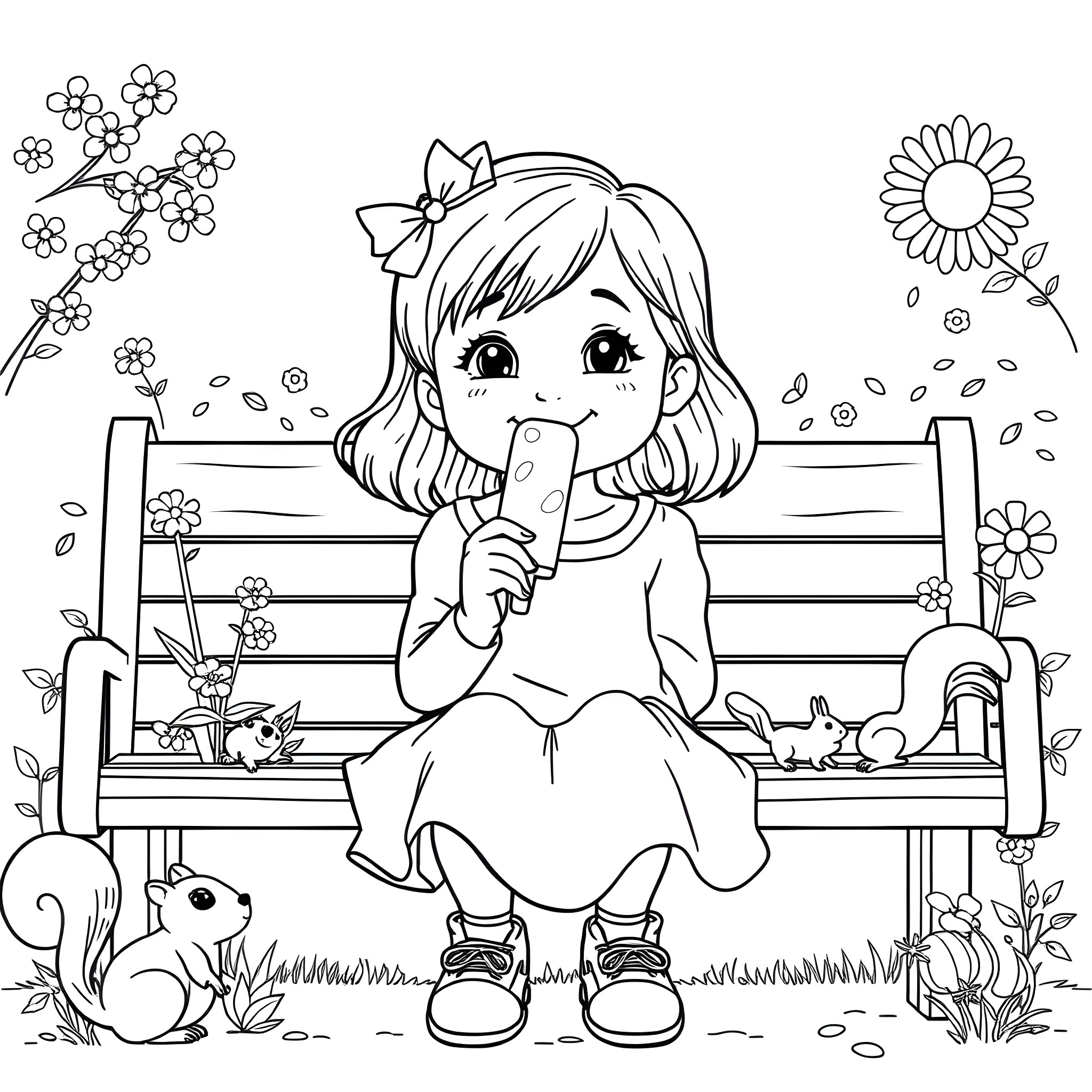 Girl enjoying flowers and butterflies on a bench Coloring Page (free black-and-white line drawing printable PDF for all, from beginners to advanced learners, including children, teens, adults, and seniors)