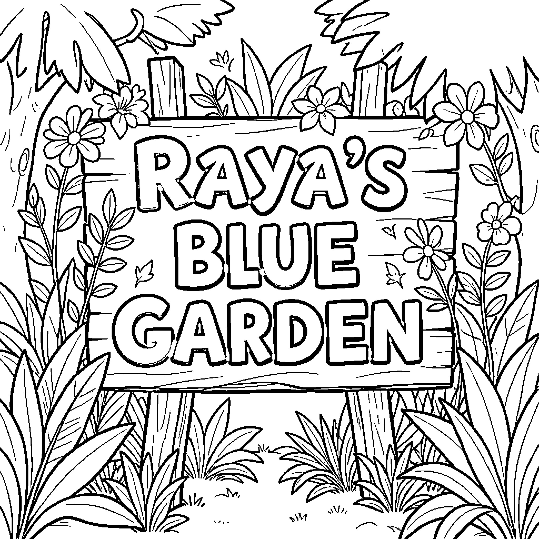 Sign for Raya's Blue Garden with floral elements Coloring Page (free black-and-white line drawing printable PDF for all, from beginners to advanced learners, including children, teens, adults, and seniors)