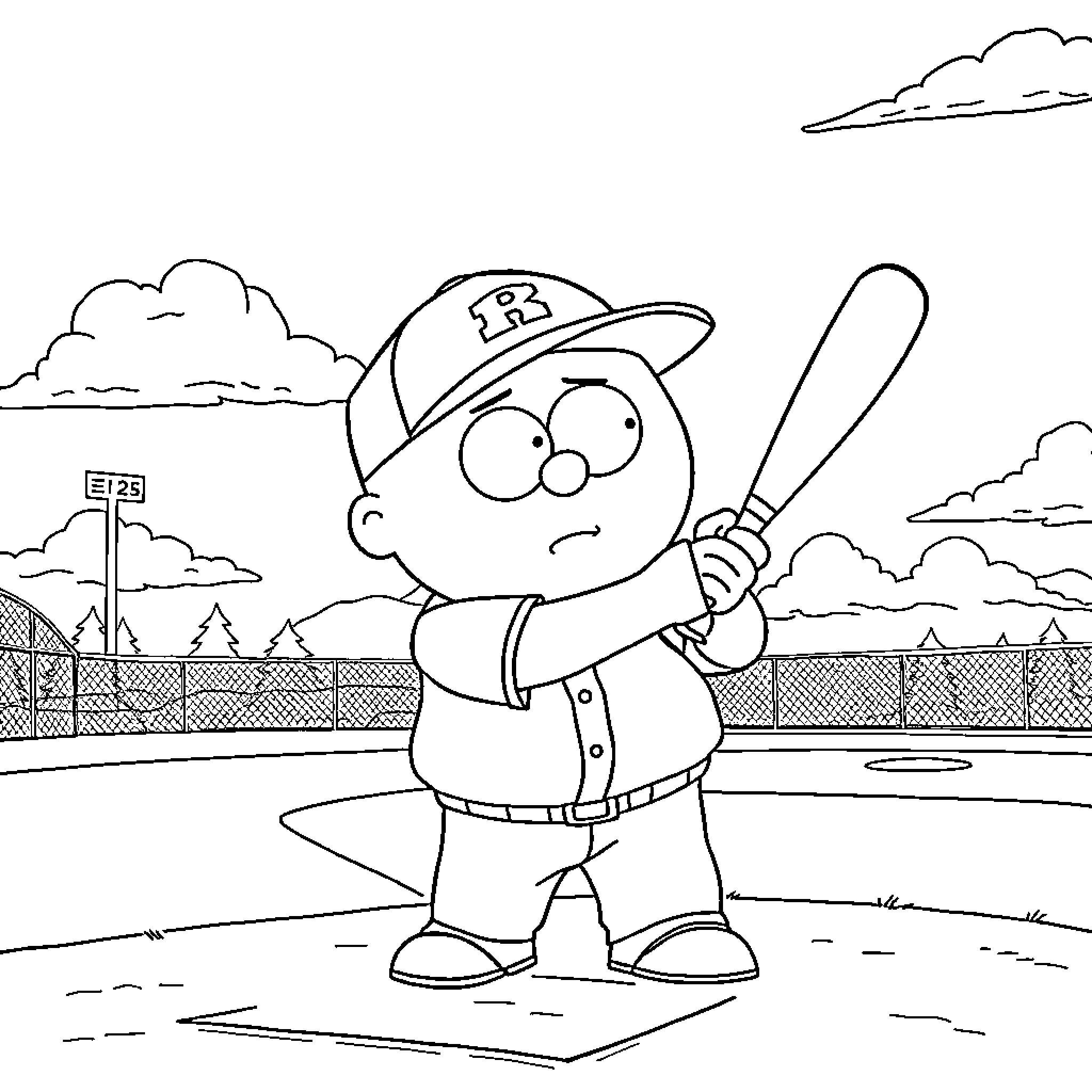 Cartman playing baseball on the field Coloring Page (free black-and-white line drawing printable PDF for all, from beginners to advanced learners, including children, teens, adults, and seniors)