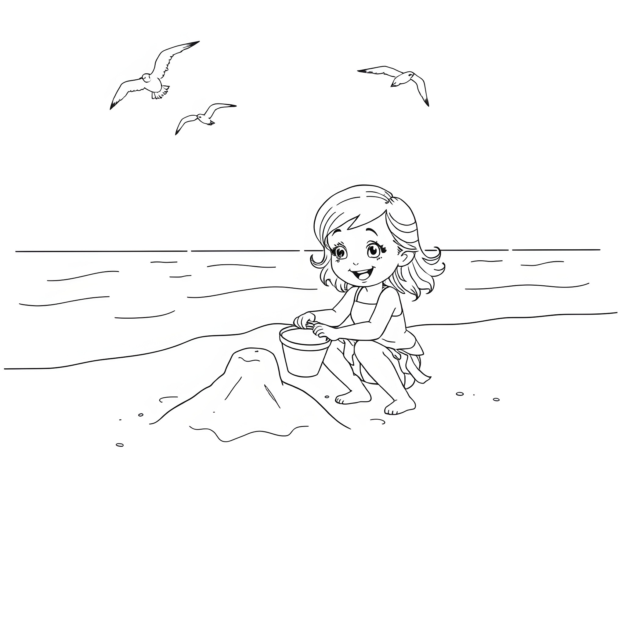 Bluey playing happily on the beach Coloring Page (free black-and-white line drawing printable PDF for all, from beginners to advanced learners, including children, teens, adults, and seniors)