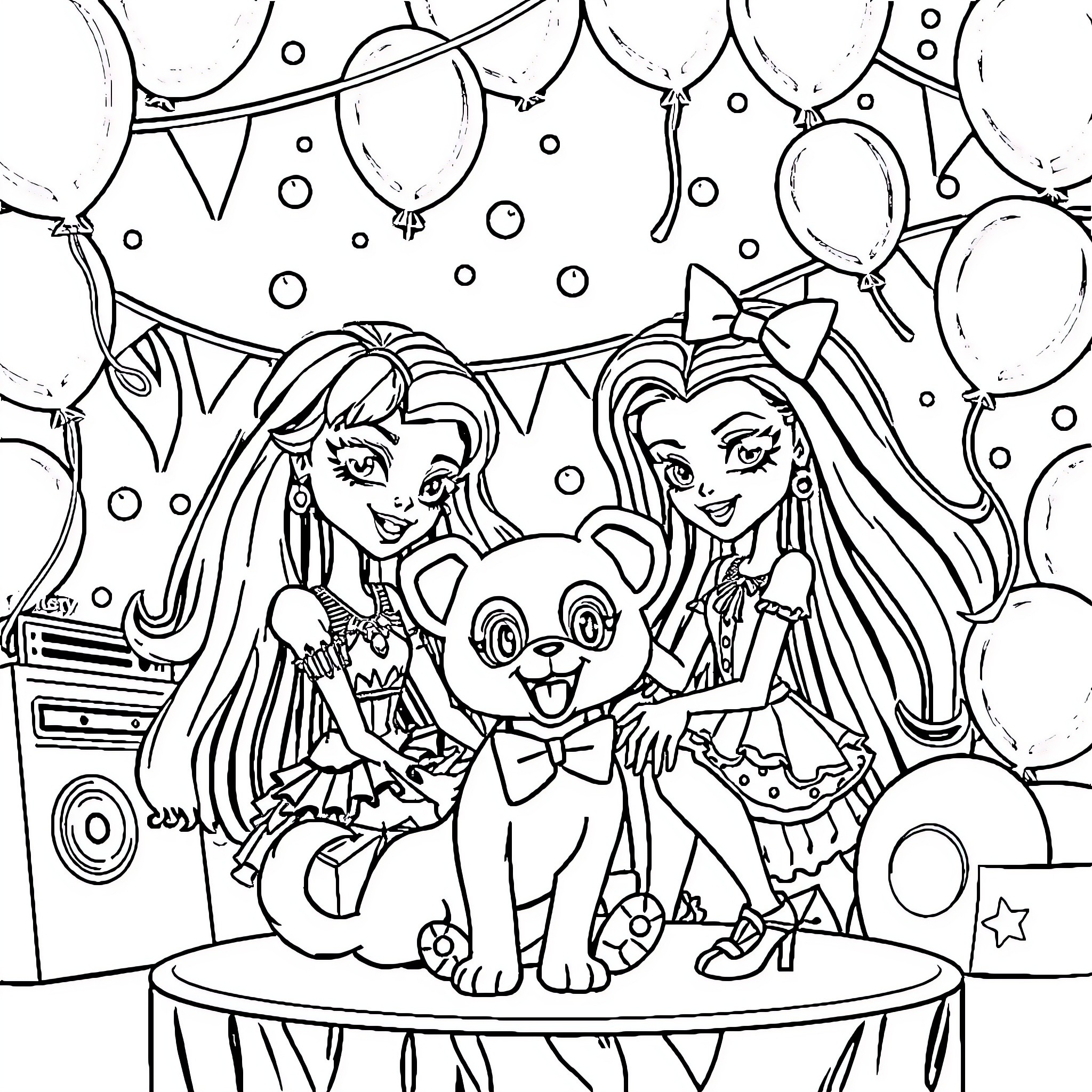 Monster Girls Celebrating with Cute Plush Toy Coloring Page (free black-and-white line drawing printable PDF for all, from beginners to advanced learners, including children, teens, adults, and seniors)