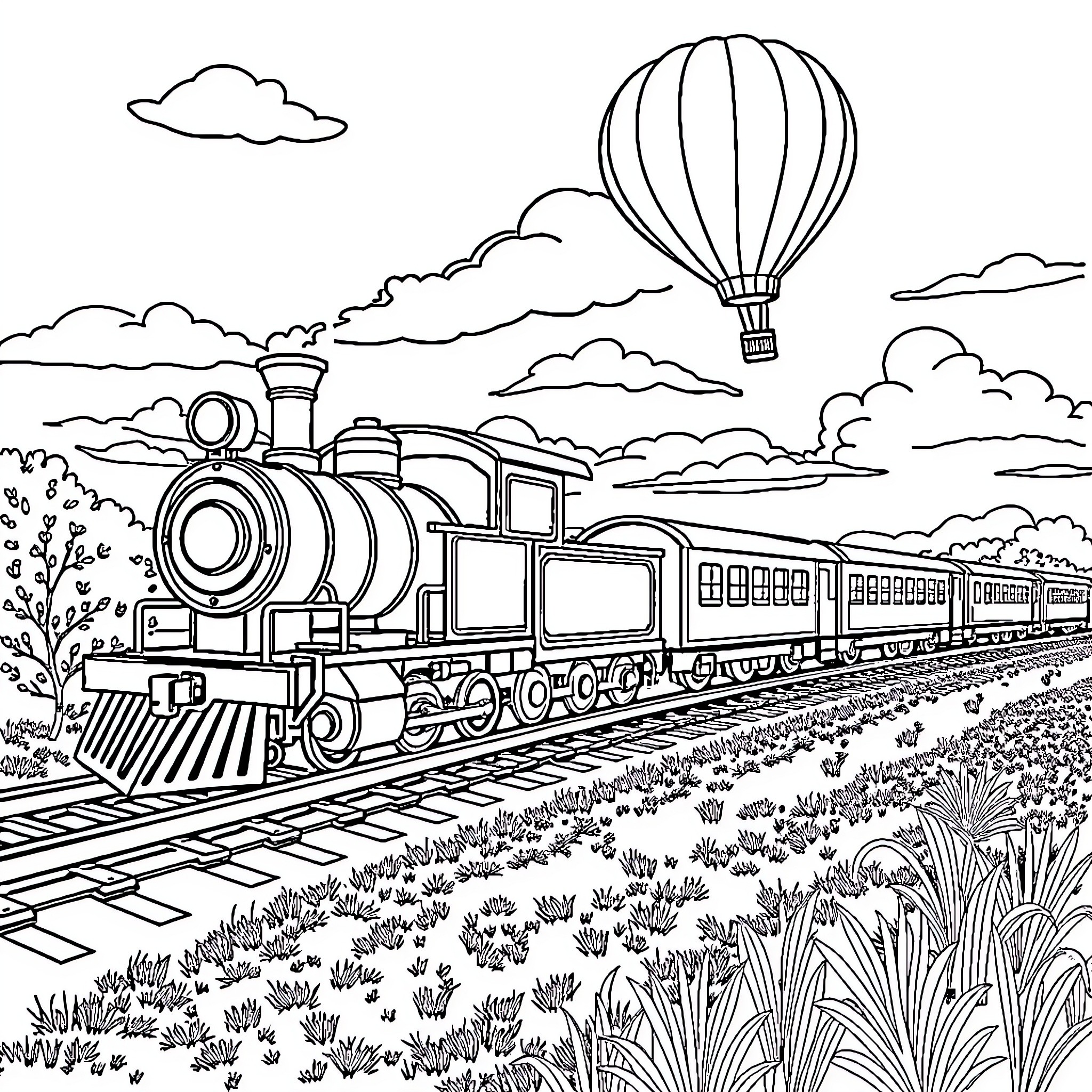 Train traveling through scenic countryside with hot air balloon Coloring Page (free black-and-white line drawing printable PDF for all, from beginners to advanced learners, including children, teens, adults, and seniors)