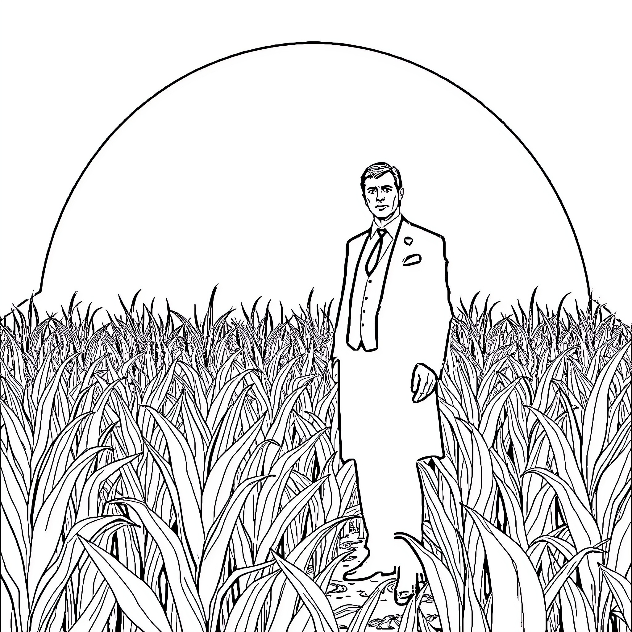 Scarface character in a field of tall grass Coloring Page (free black-and-white line drawing printable PDF for all, from beginners to advanced learners, including children, teens, adults, and seniors)