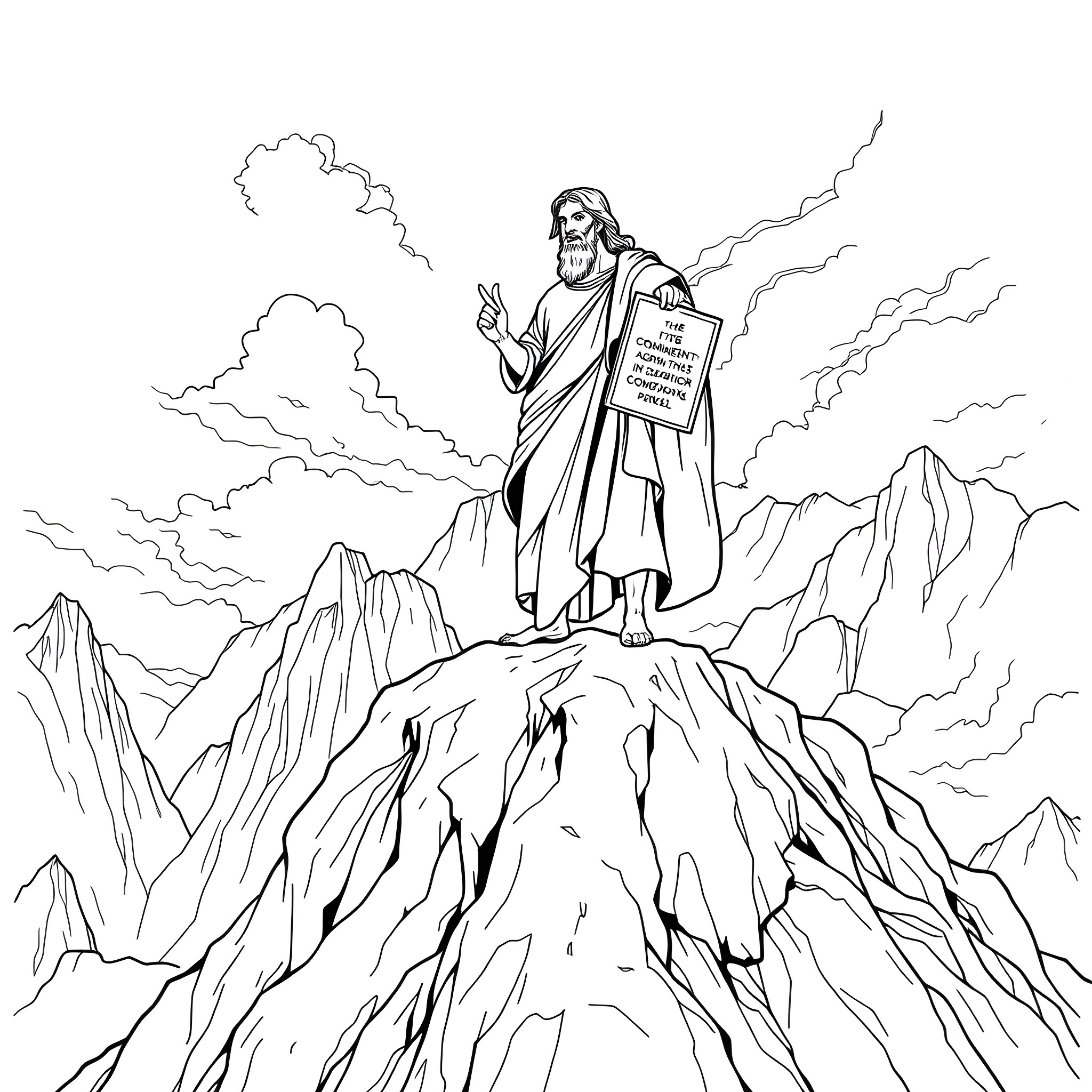 Moses standing atop a mountain with commandments Coloring Page (free black-and-white line drawing printable PDF for all, from beginners to advanced learners, including children, teens, adults, and seniors)