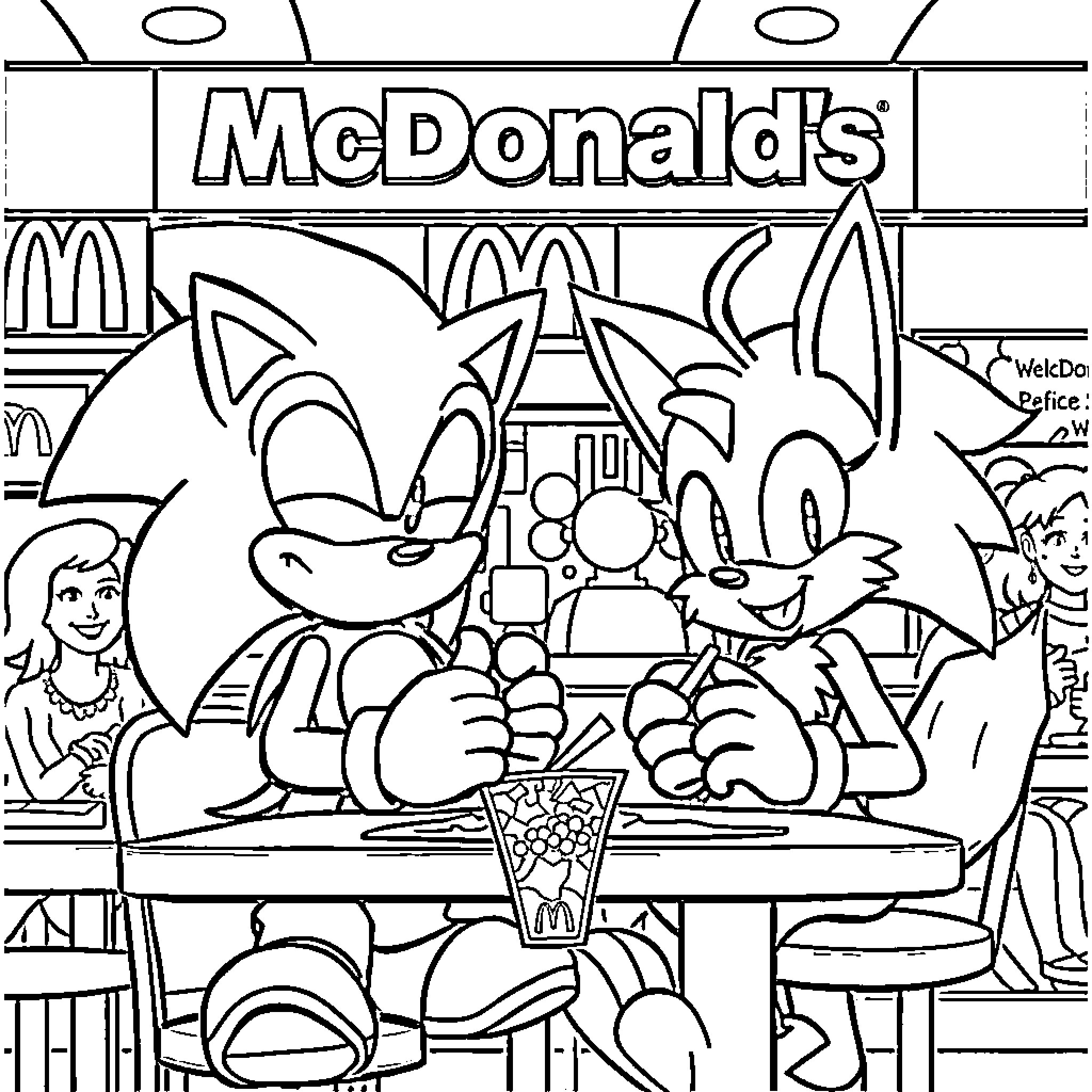Sonic and friends enjoying milkshakes at McDonald's Coloring Page (free black-and-white line drawing printable PDF for all, from beginners to advanced learners, including children, teens, adults, and seniors)