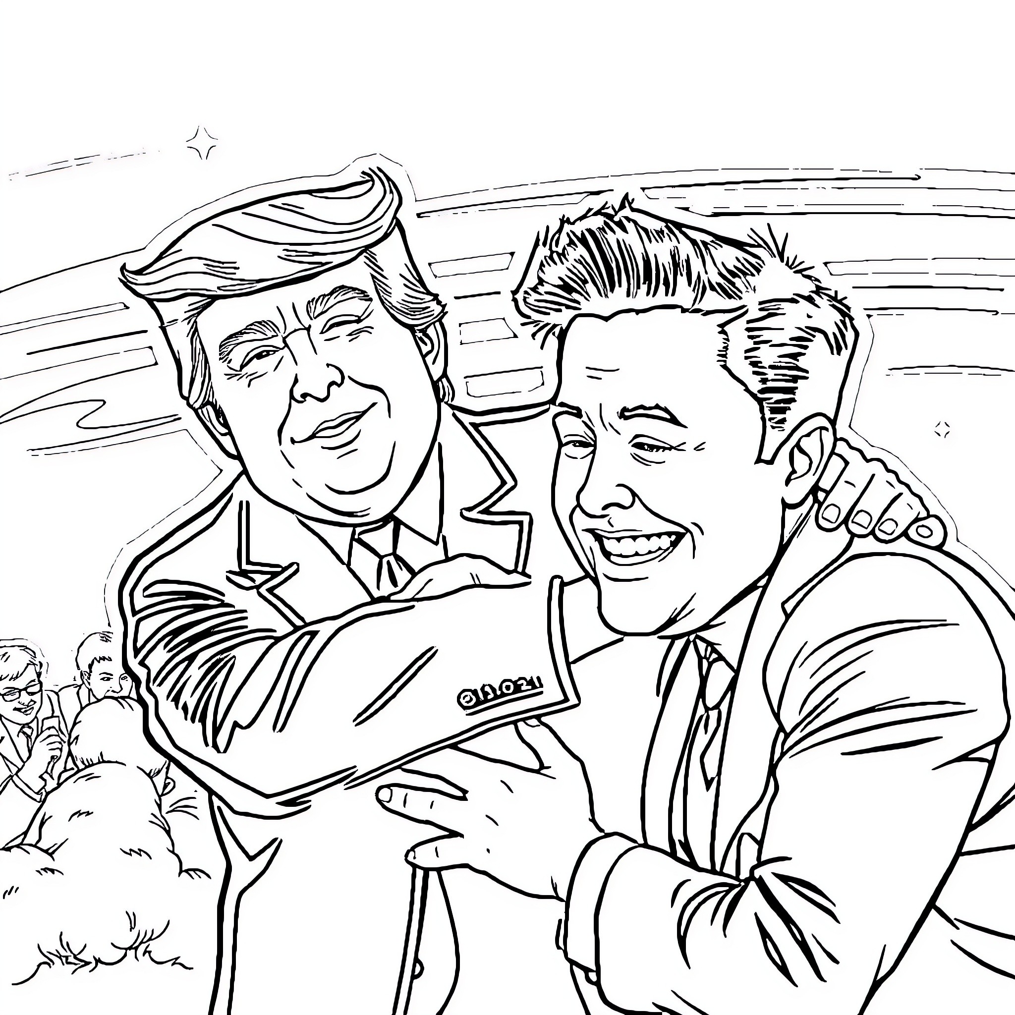 Trump Embraces Ally in Political Rally Coloring Page (free black-and-white line drawing printable PDF for all, from beginners to advanced learners, including children, teens, adults, and seniors)