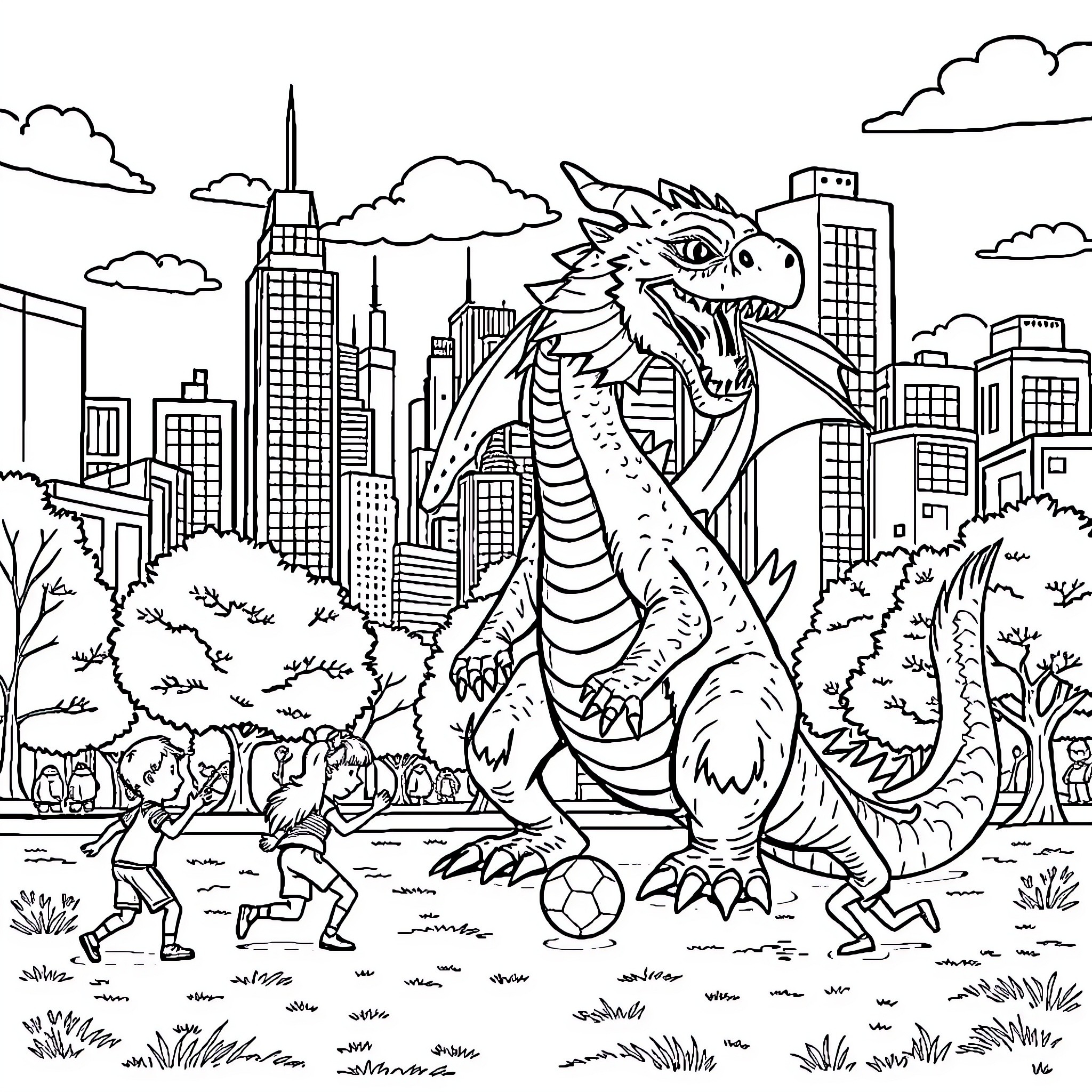Dragon terrorizing the city with people fleeing in panic Coloring Page (free black-and-white line drawing printable PDF for all, from beginners to advanced learners, including children, teens, adults, and seniors)